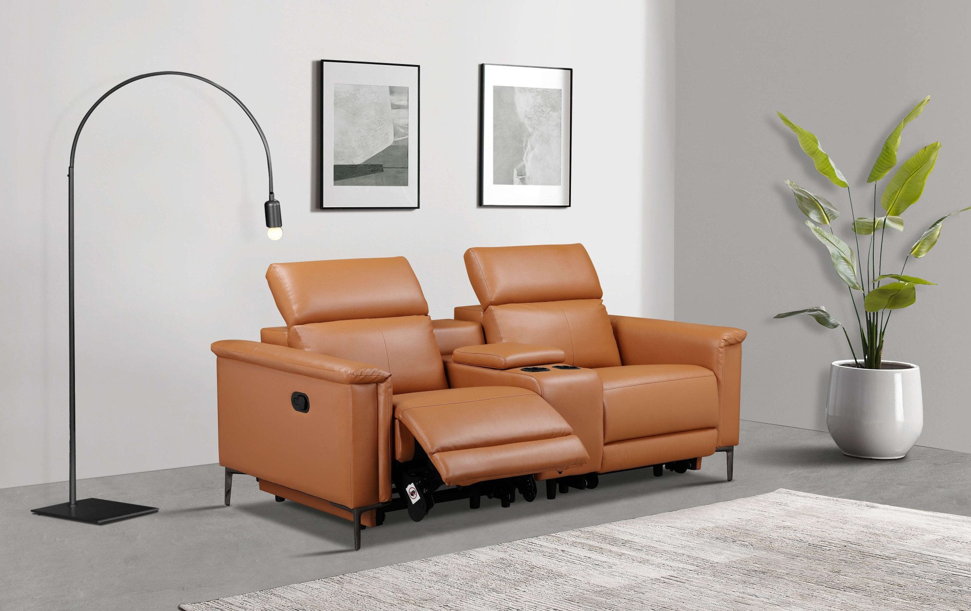 Places of Style 2-zitsbank Lund, 2-zits bioscoopbank, tv-fauteuil, multimedia-sofa, USB-A met elektrische of handmatige relaxfunctie, bekerhouder en opbergruimte