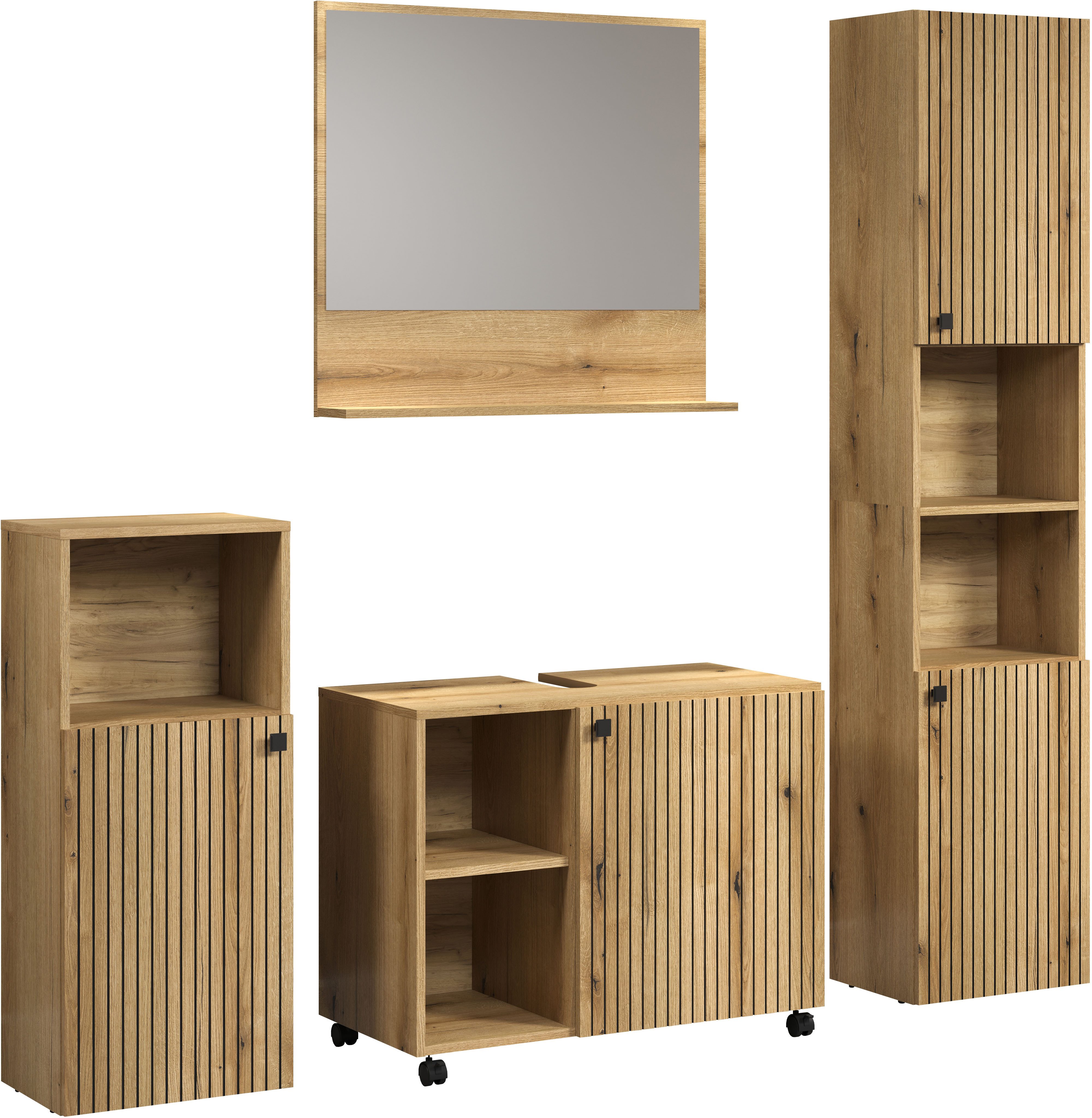 welltime Badmeubelset Amrum wastafelonderkast spiegel hoge kast badkamerkast Badkamermeubels met groeflook - Wasbakonderkast op wielen (complete set, 4 stuks)