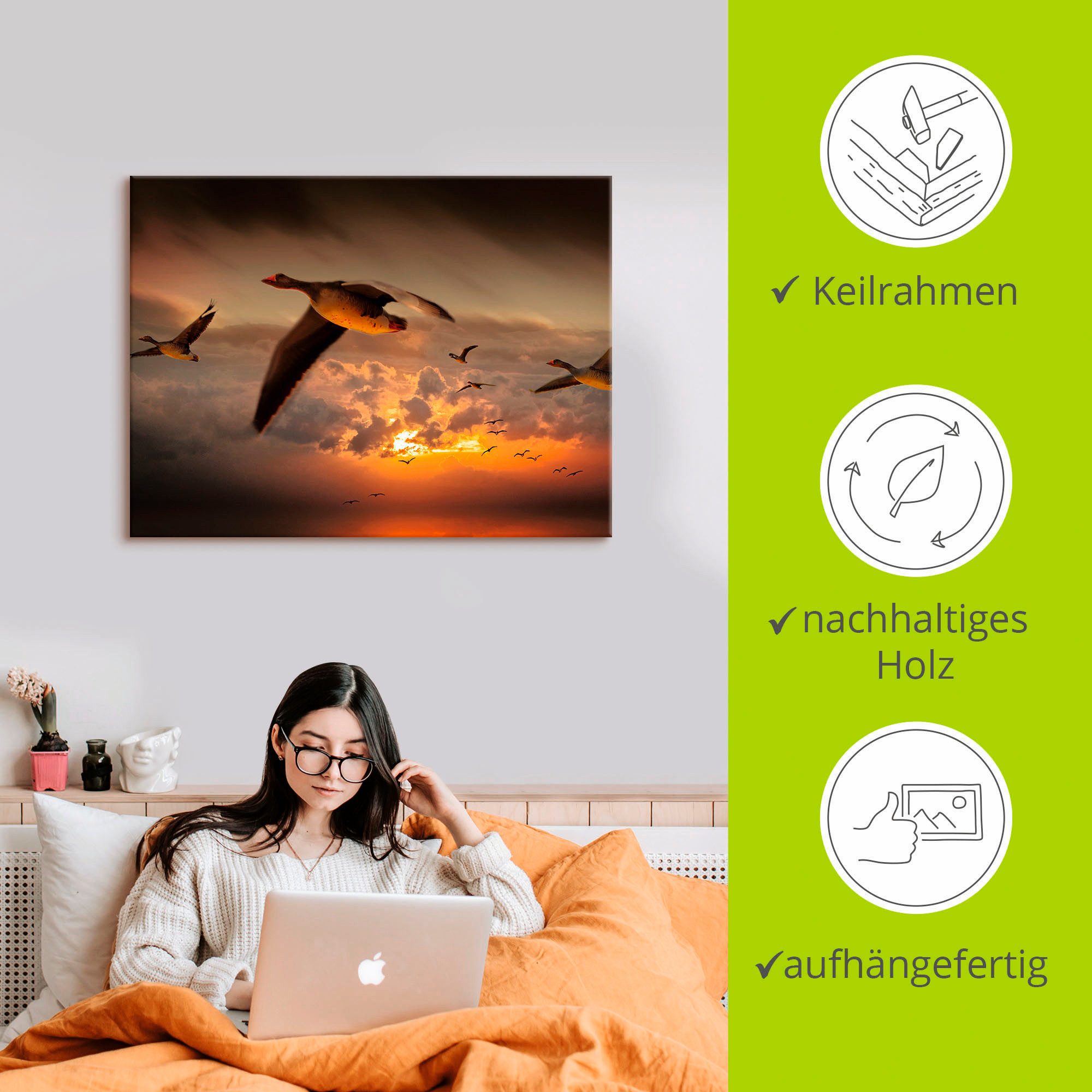 Artland Artprint De vlucht van de wilde ganzen... als artprint op linnen, muursticker in verschillende maten