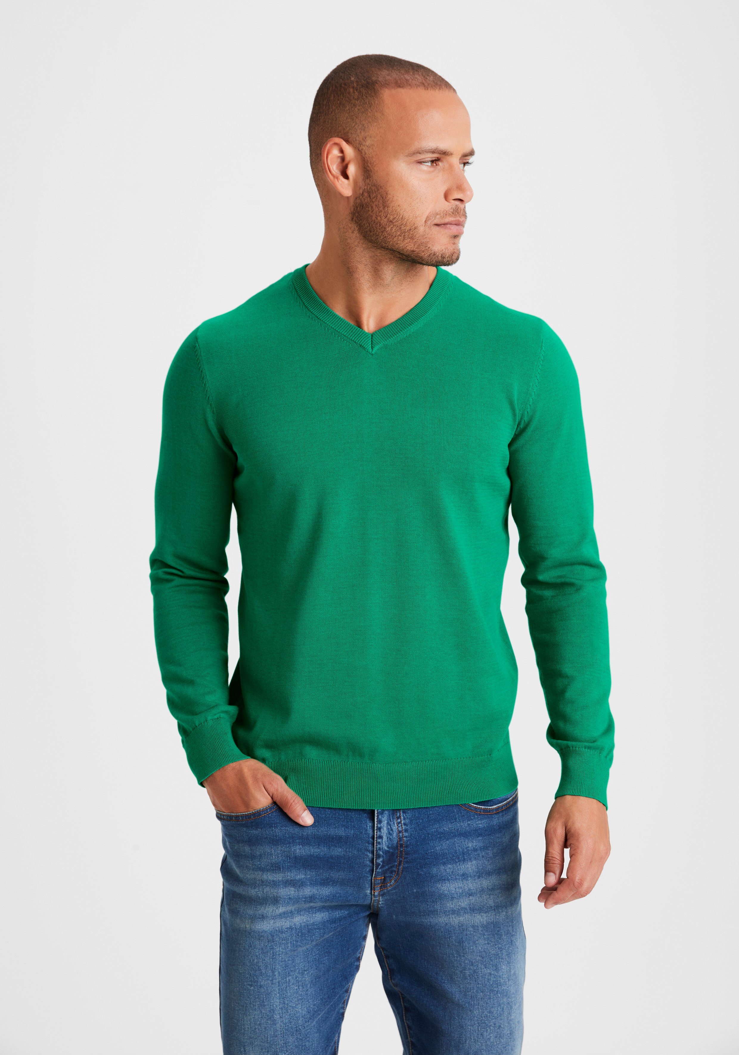 H.I.S Gebreide trui met v-hals, pullover van fijn breiwerk, katoenmix