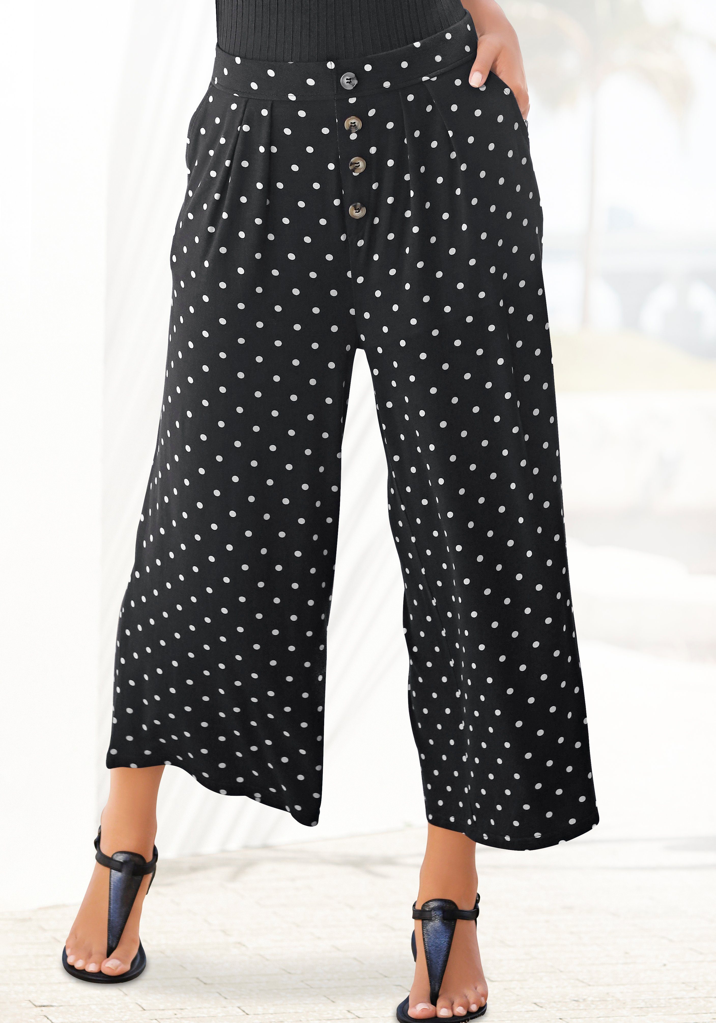 Lascana Culotte met stippenprint en zakken, elastische tailleband, 7/8 broek, jersey broek