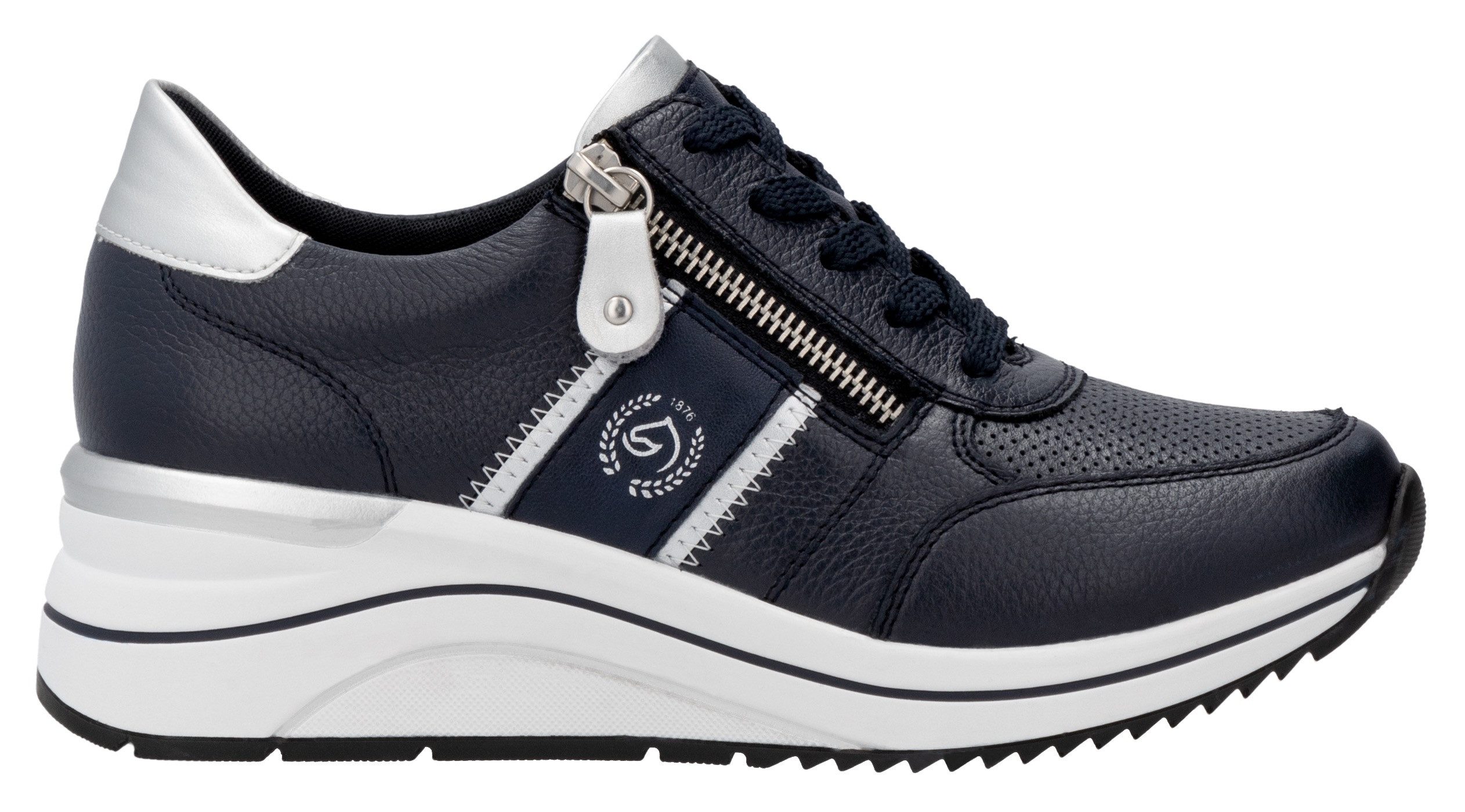 Remonte Sneakers met sleehak , vrijetijdsschoen, lage schoen, veterschoen met metallic contrastaccenten