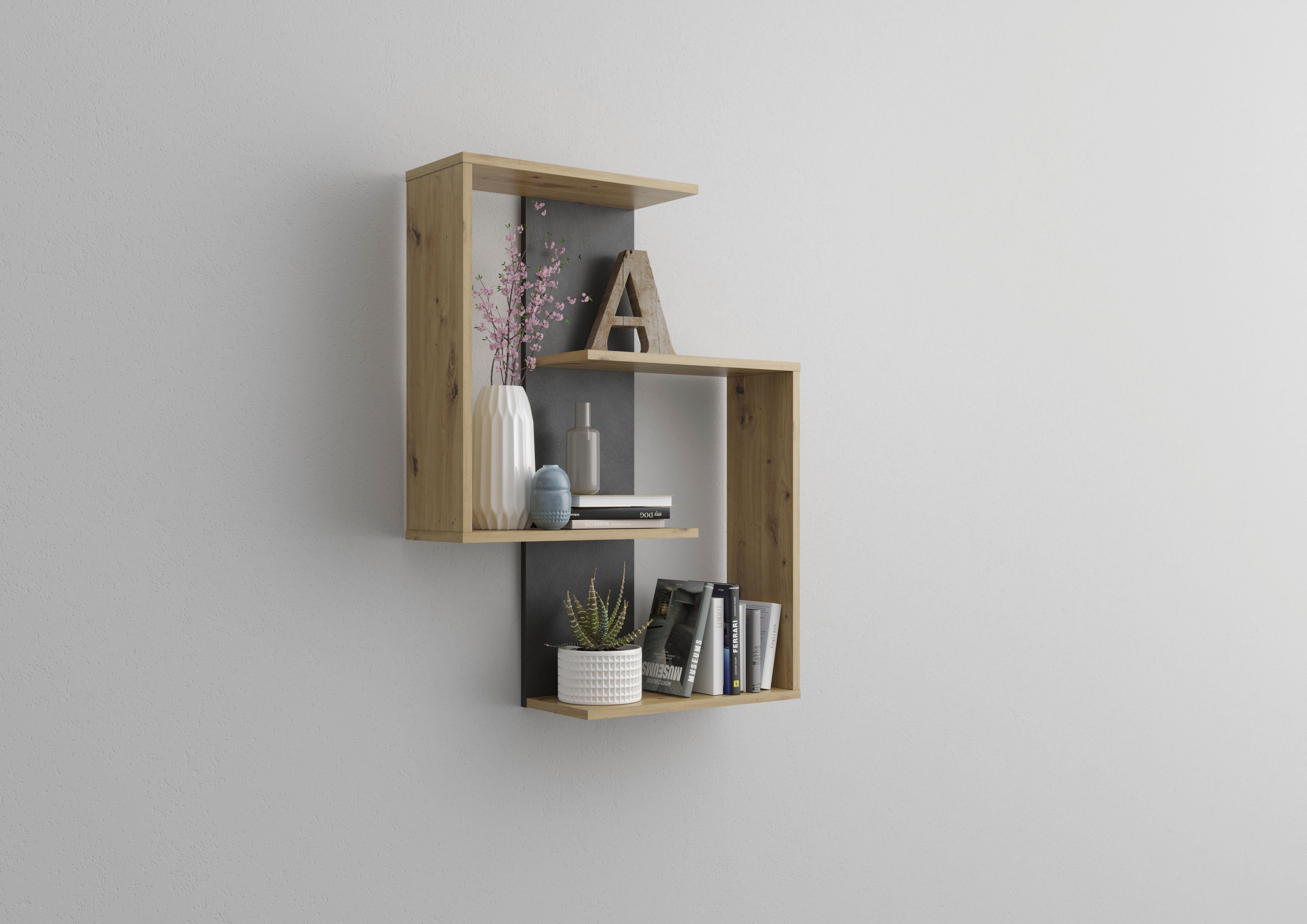 FMD Wandplank Kreta Wandrek met 4 planken rekken maat 65x20x85 cm bruin