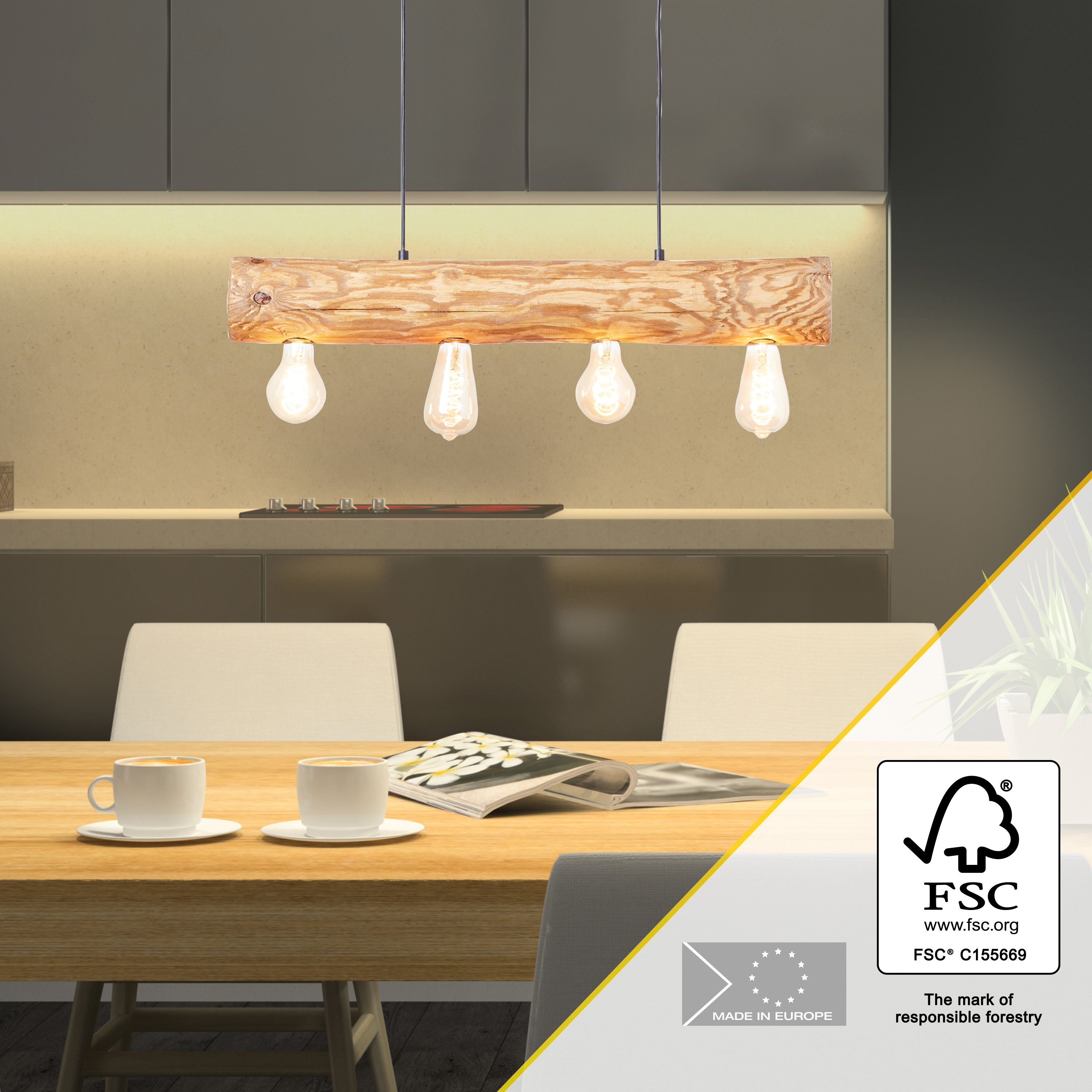 Brilliant Leuchten Hanglamp TRABO 105 cm hoogte, 70 cm breedte, 4 x e27, in te korten, hout / metaal, grenen gebeitst (1 stuk)