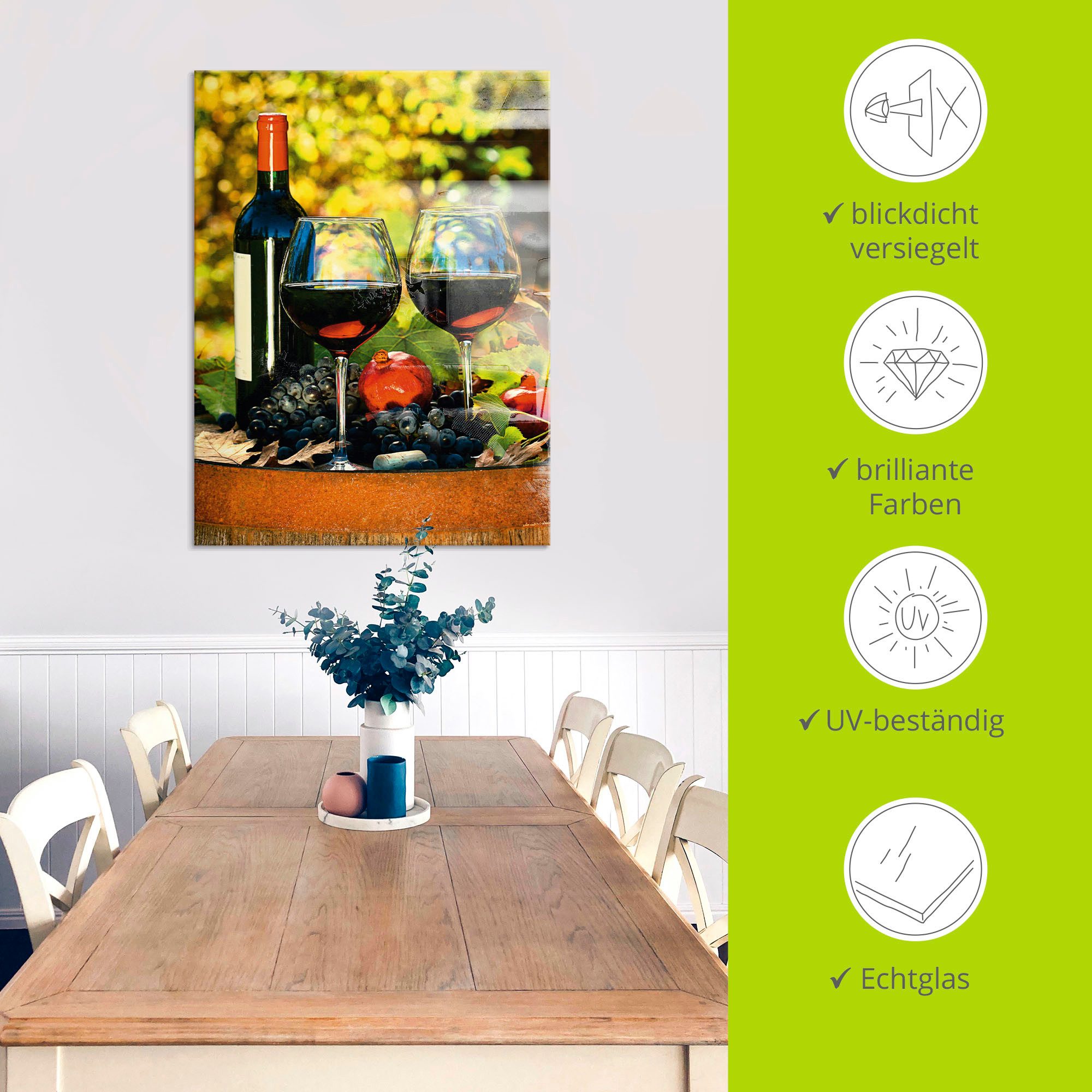 Artland Print op glas Glazen met rode wijn op oud vat