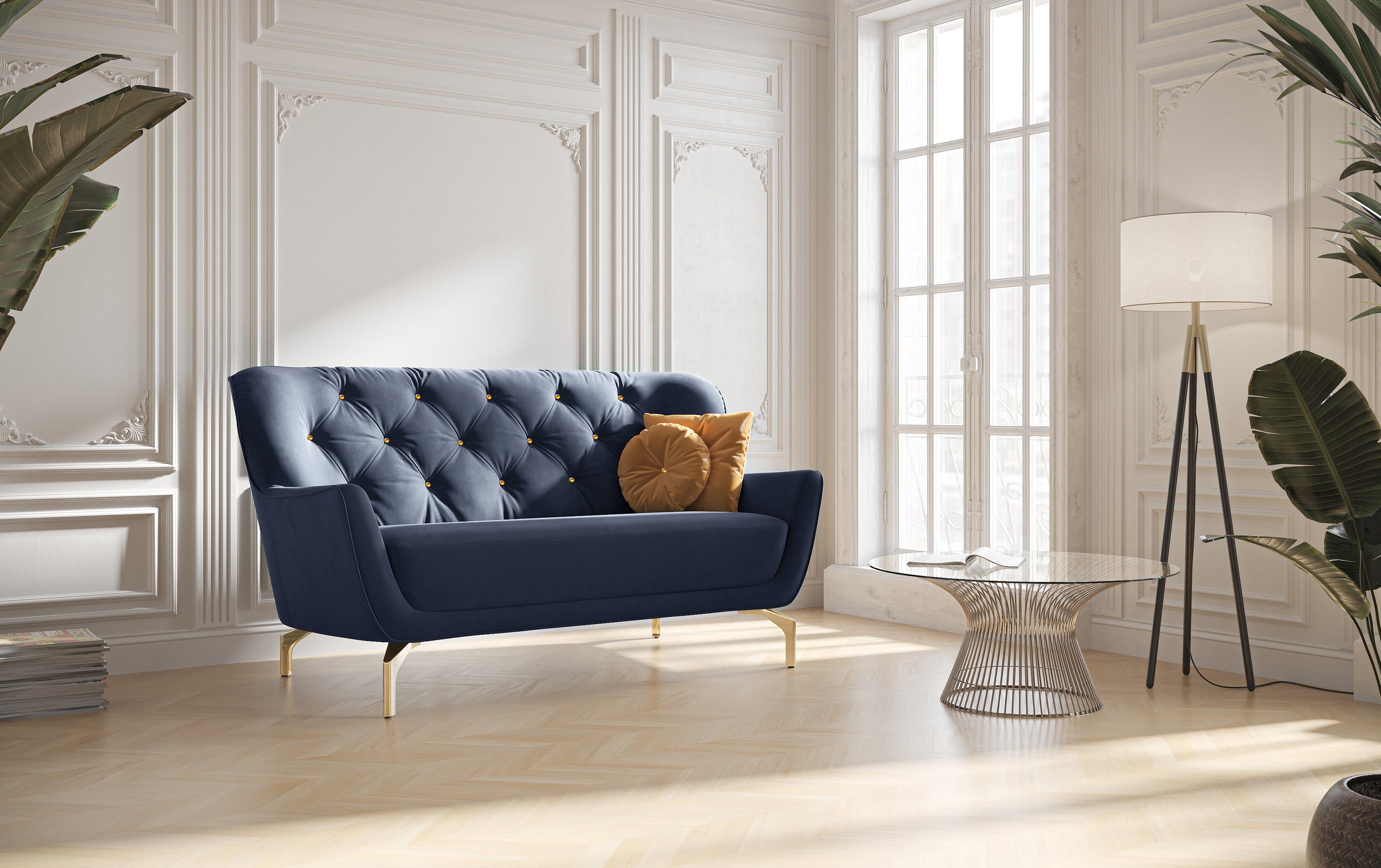 sit&more 2-zitsbank Orient 3 incl. 2 sierkussens met strassteentjes, goudkleurige metalen poten