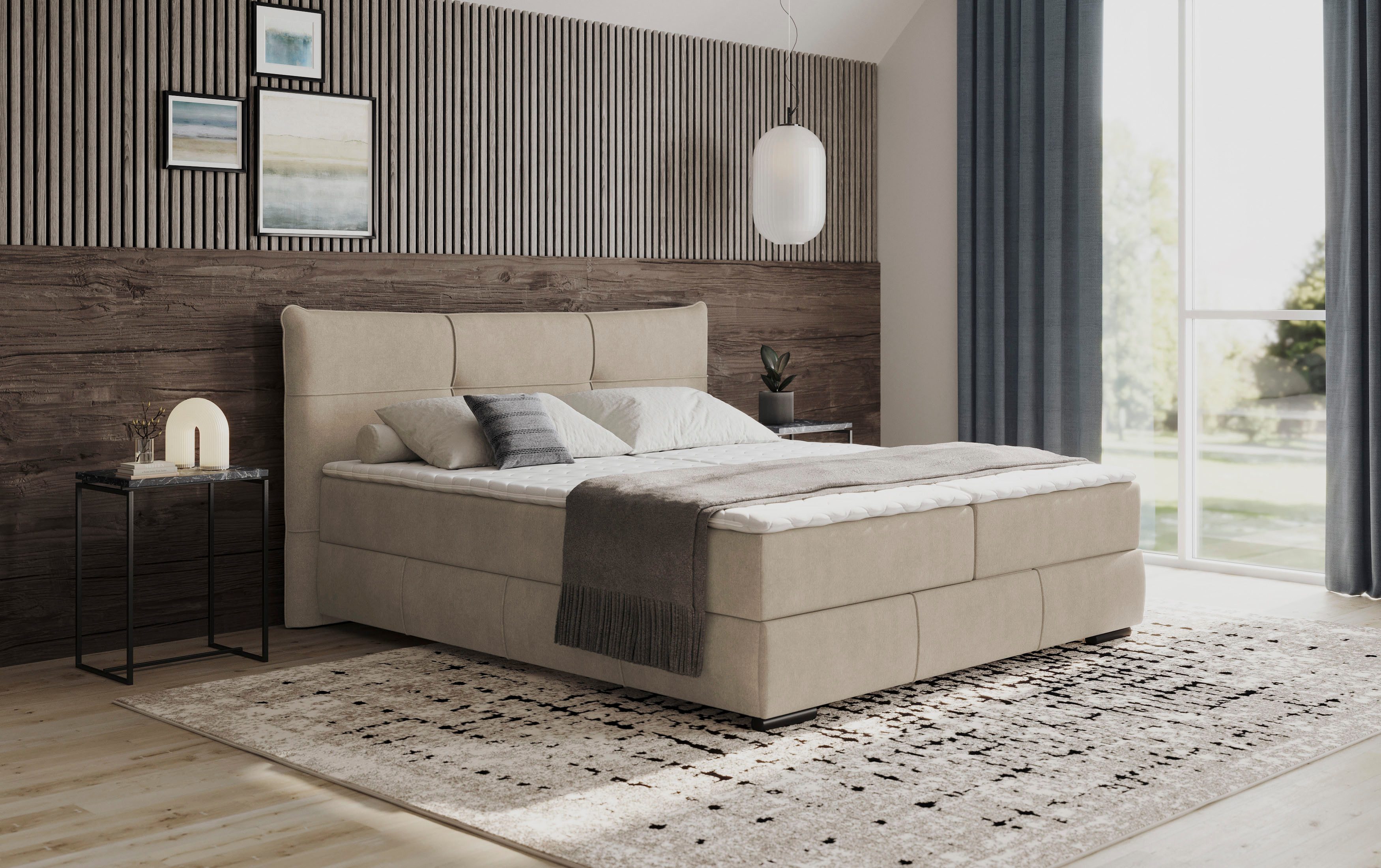 Mr. Couch Boxspring Brewdley met bedkist, incl. matras Topmatras en sierkussen, in verschillende hardheden beschikbaar boxsprings beige