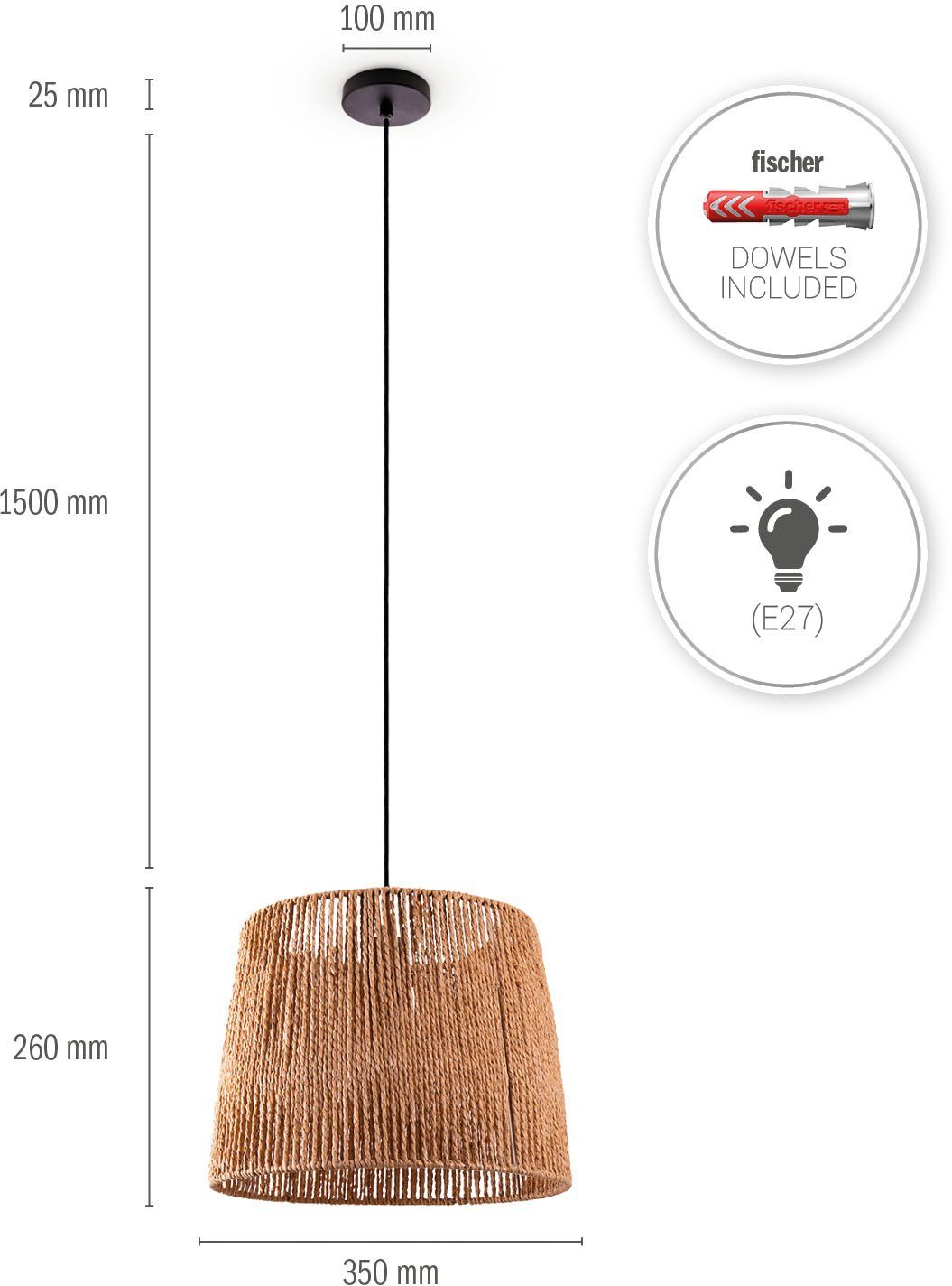 Paco Home Hanglamp Hugo Amadeo Woonkamer eetkamer rattan look Boho lampenkap papier