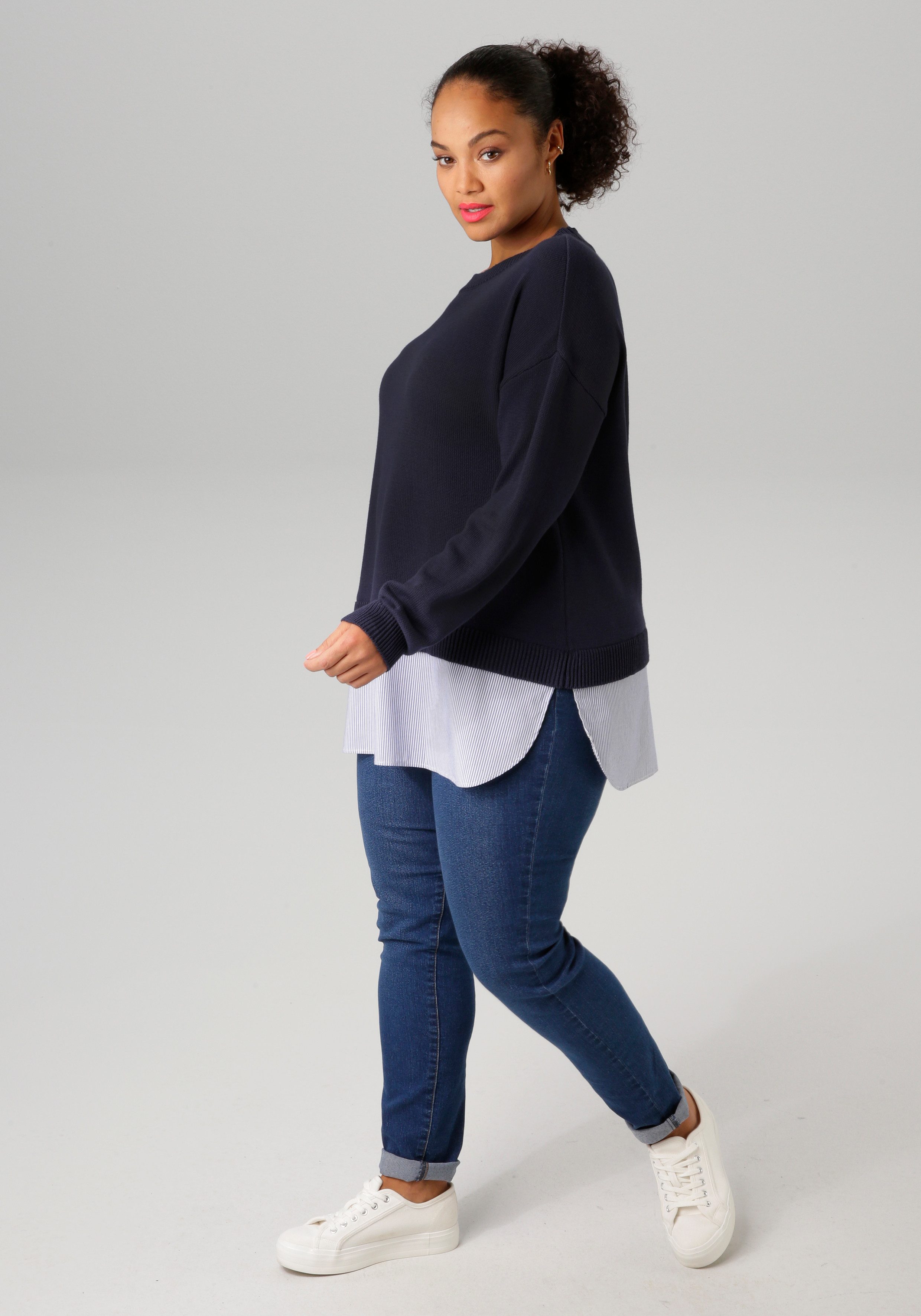 Aniston PLUS Gebreide trui gestreepte blouse-inzet onderlangs