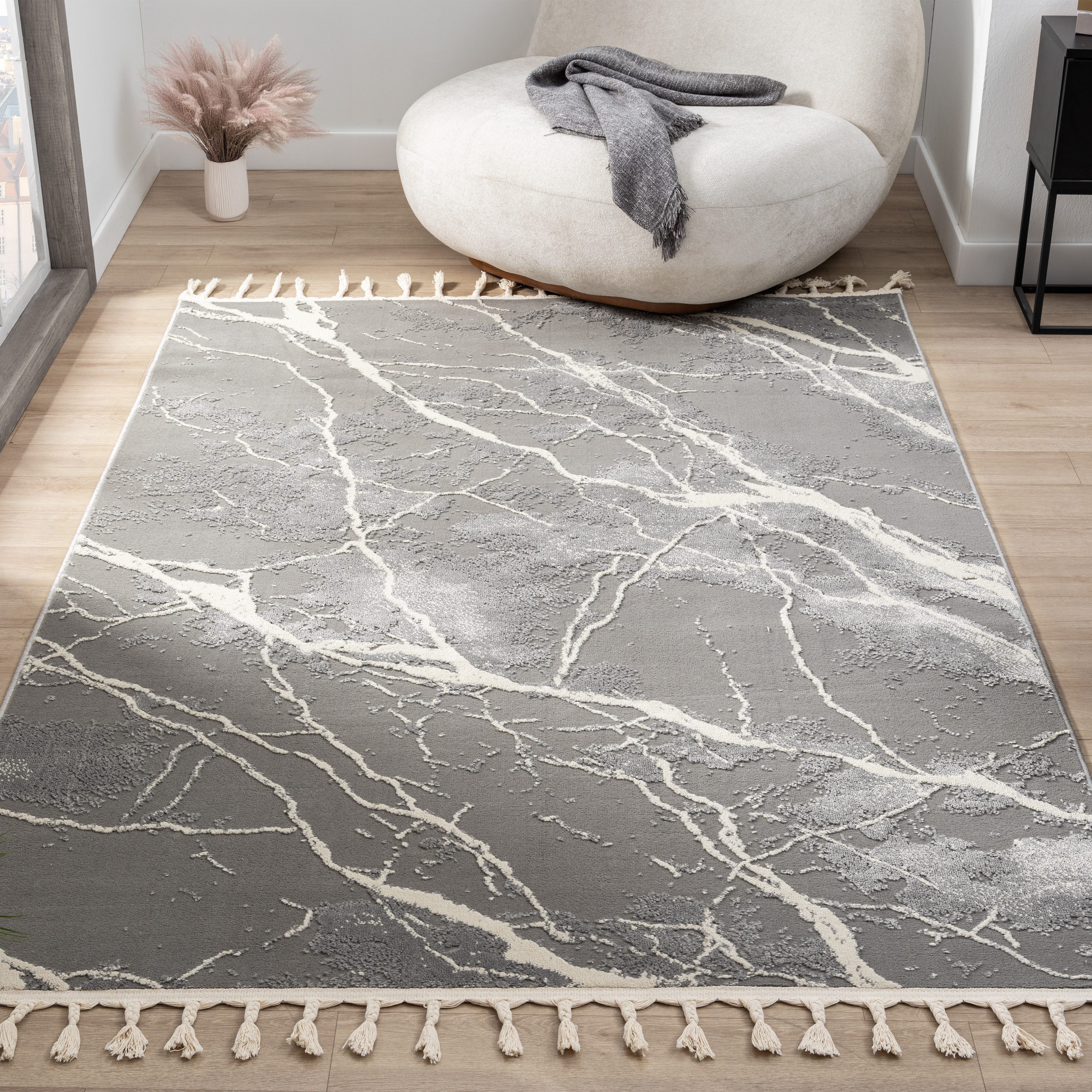 my home Vloerkleed Zoe, Hoog-Laag-Structuur met franjes, modern marmerdesign, woonkamer, slaapkamer,