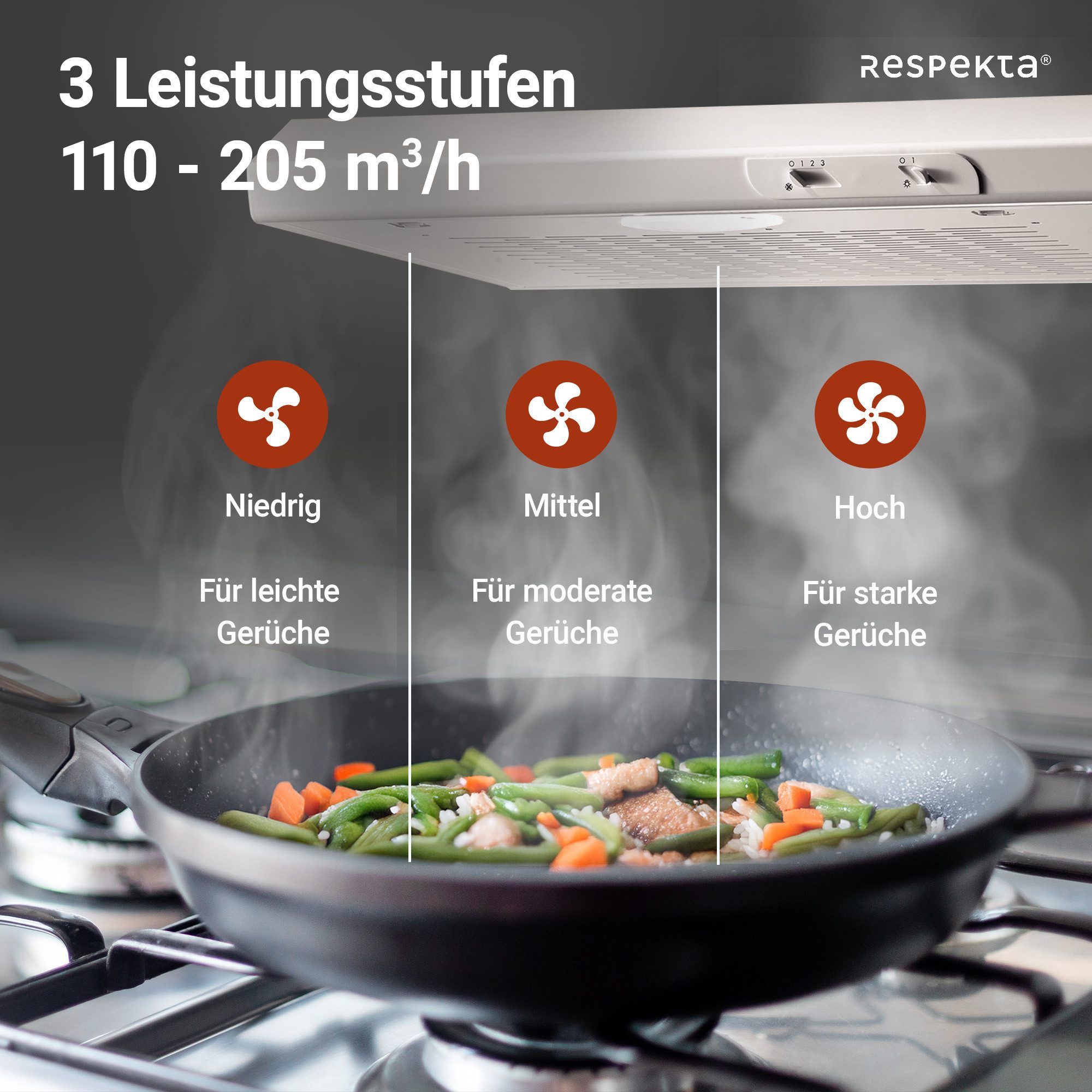 RESPEKTA Onderbouwkap DH 620 60 cm, 3 vermogensniveaus, led-verlichting, geschikt voor afzuiging en recirculatie