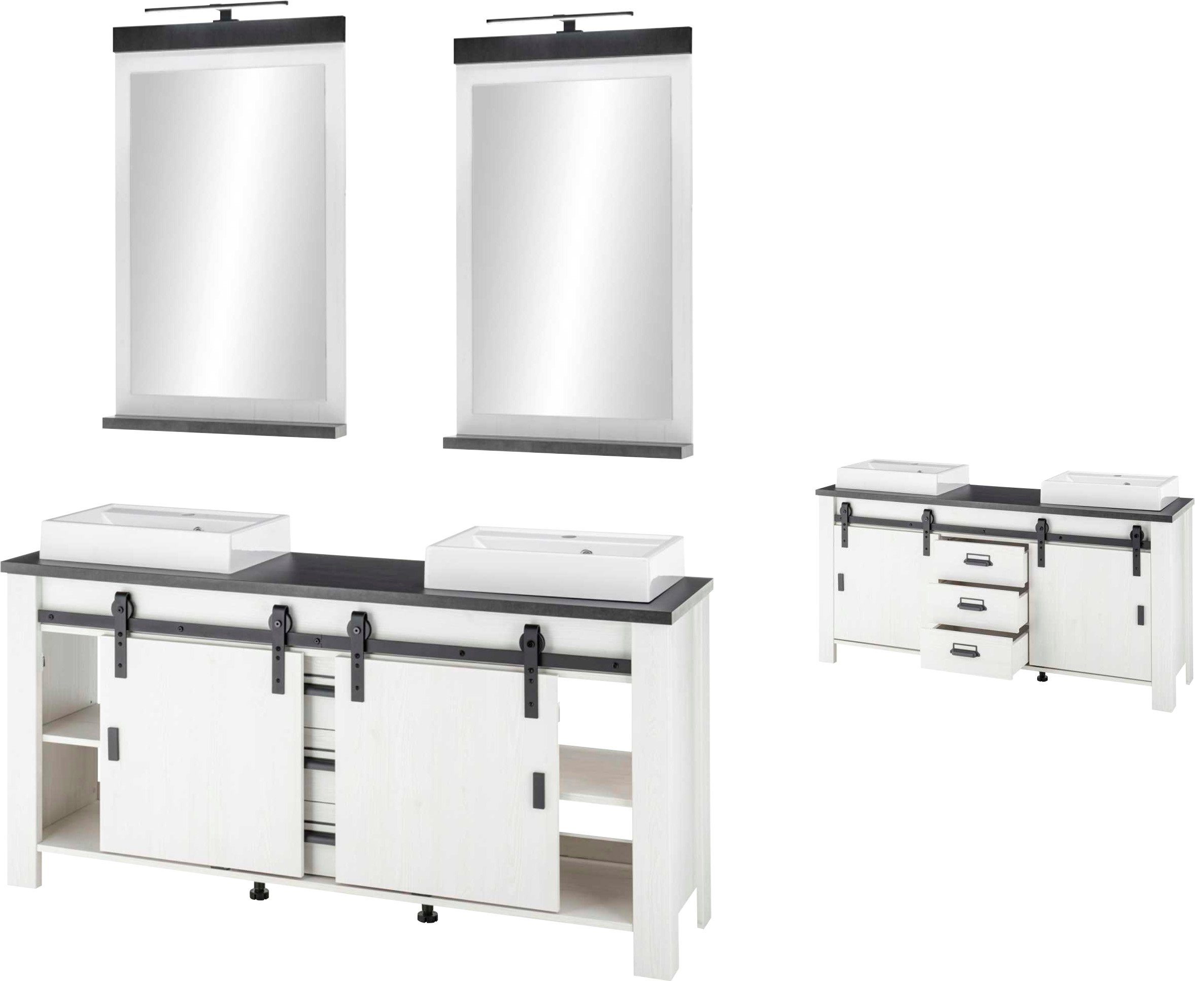 Home affaire Badkamerserie SHERWOOD, Bad im modernen Design, 3-teiliges Badezimmer in houtdecor, met schuurdeurbeslag en apothekersgrepen van metaal (3-delig)