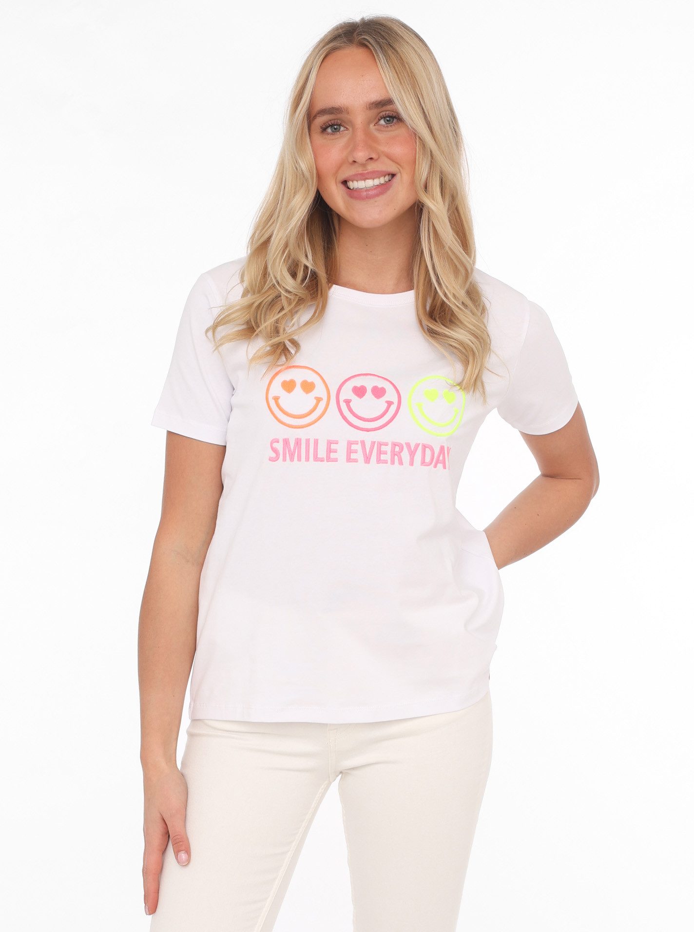 Zwillingsherz T-shirt Smile Everyday met motiverend opschrift dames t-shirts maat SM (S/M) wit