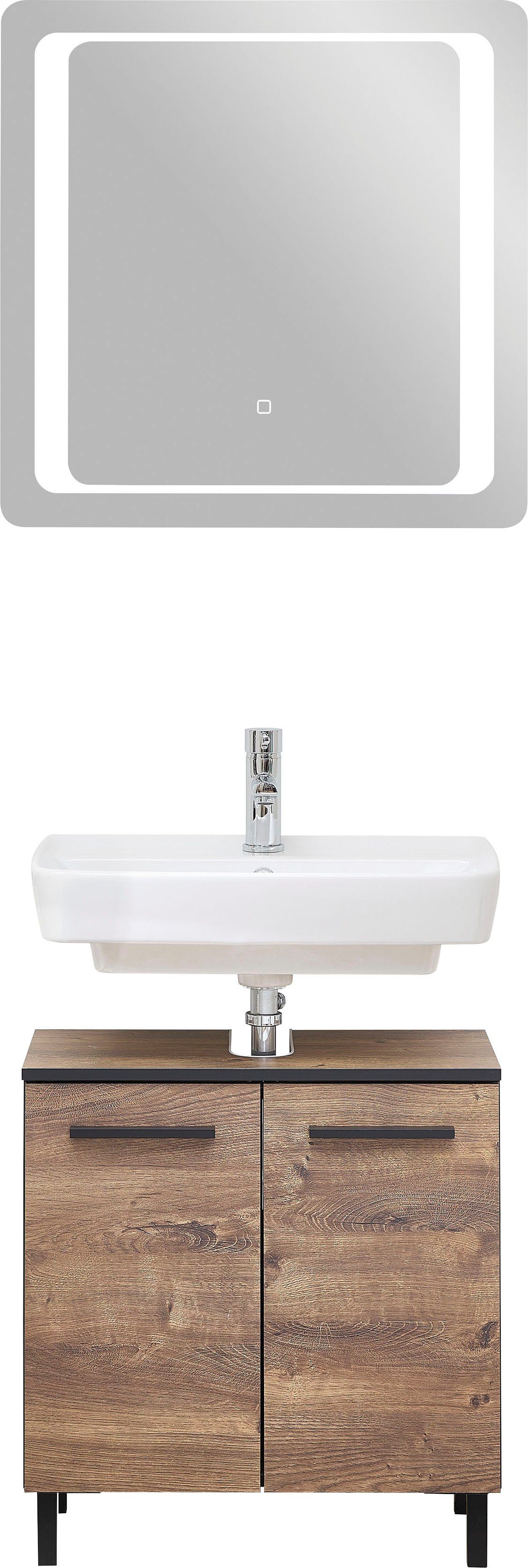Saphir Badkamerserie Quickset wastafelonderkast met LED-spiegel Wastafel 60 cm breed, inclusief deurdemper, 2 deuren, badset (4-delig)