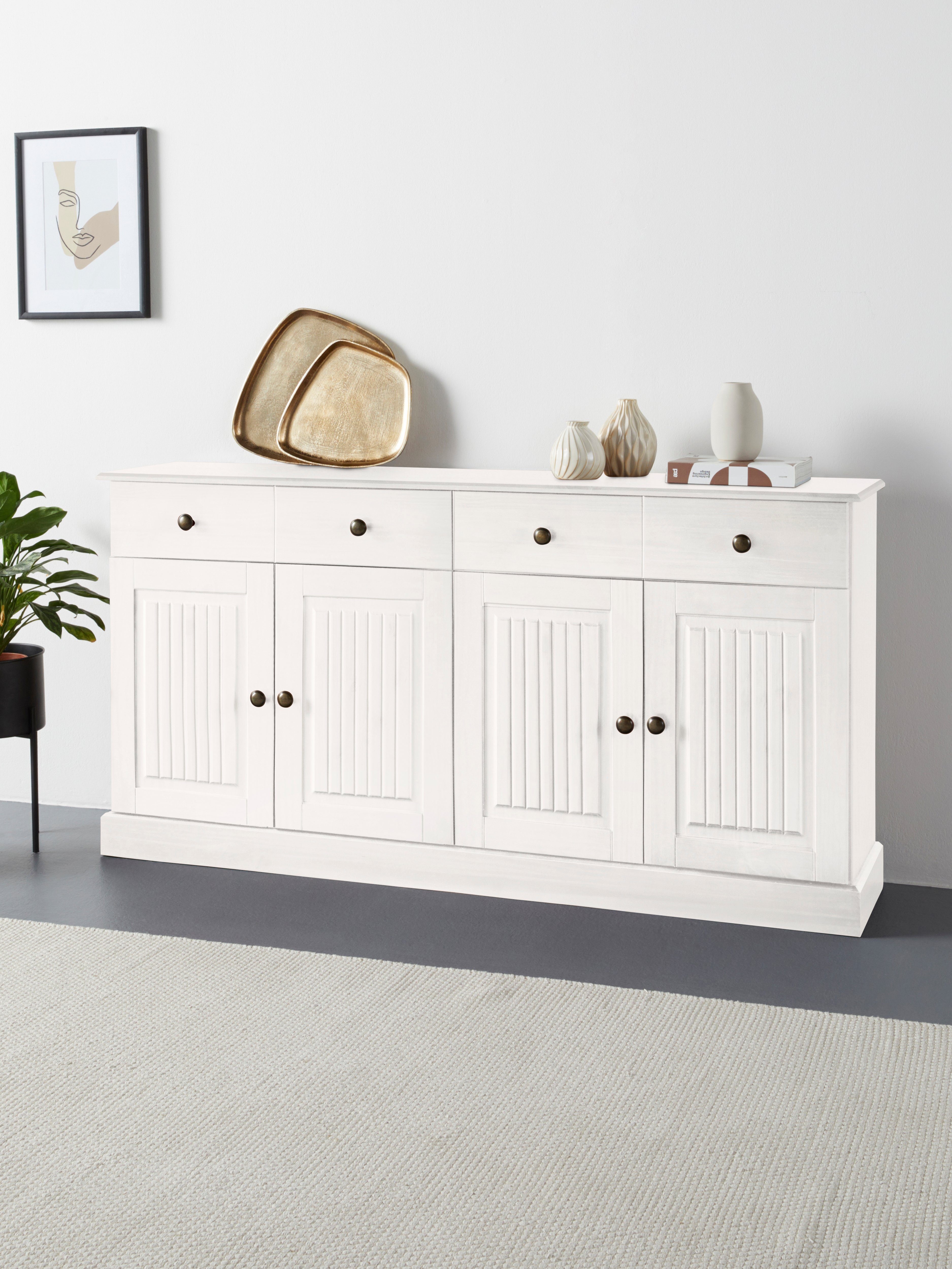 Home affaire Dressoir Liotta met 2 laden en 2 verstelbare planken, massief grenen dressoirs wit