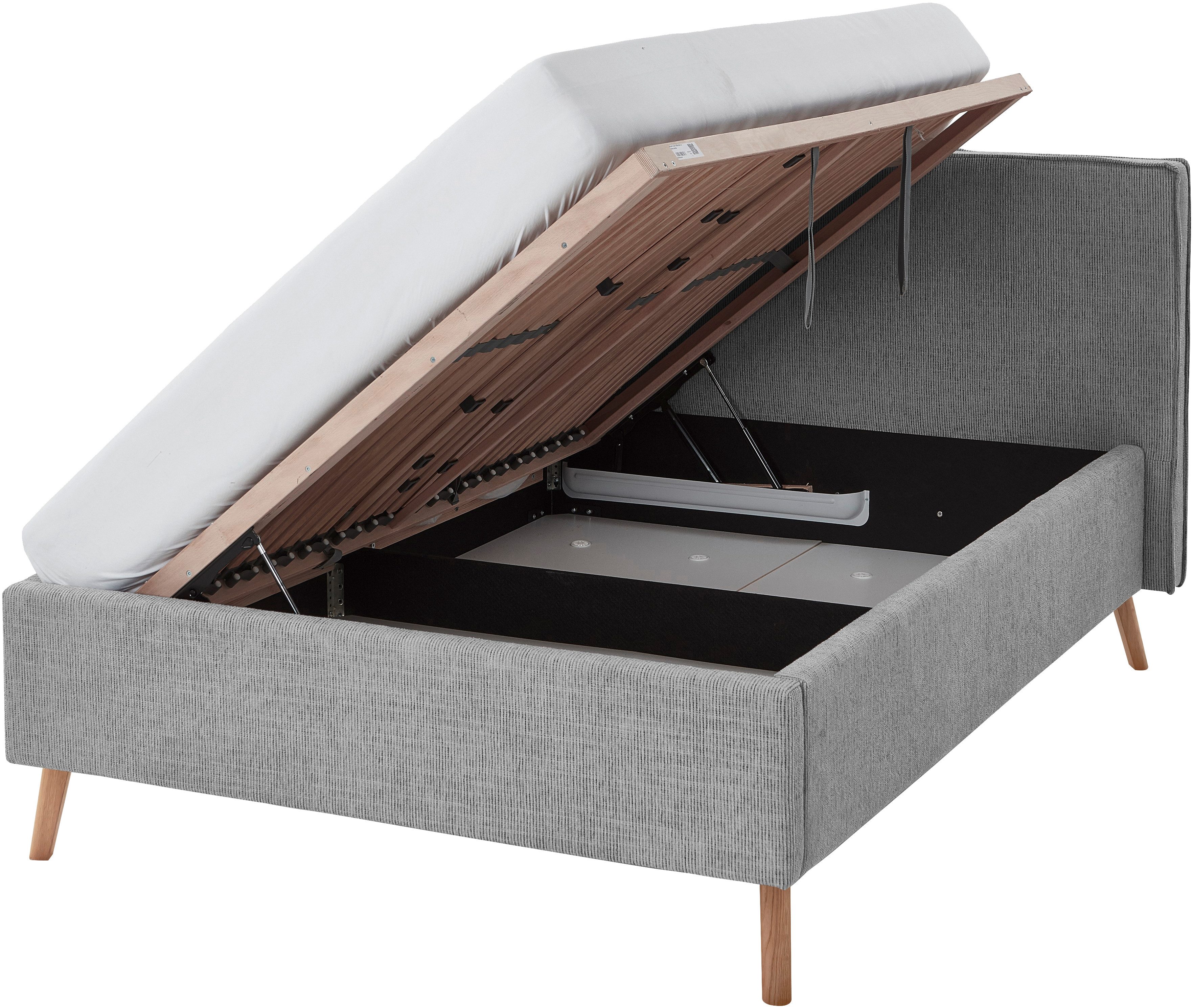 meise.möbel Gestoffeerd bed Riva met eikenkleurige houten poten, naar keuze met bedkist en lattenbodem