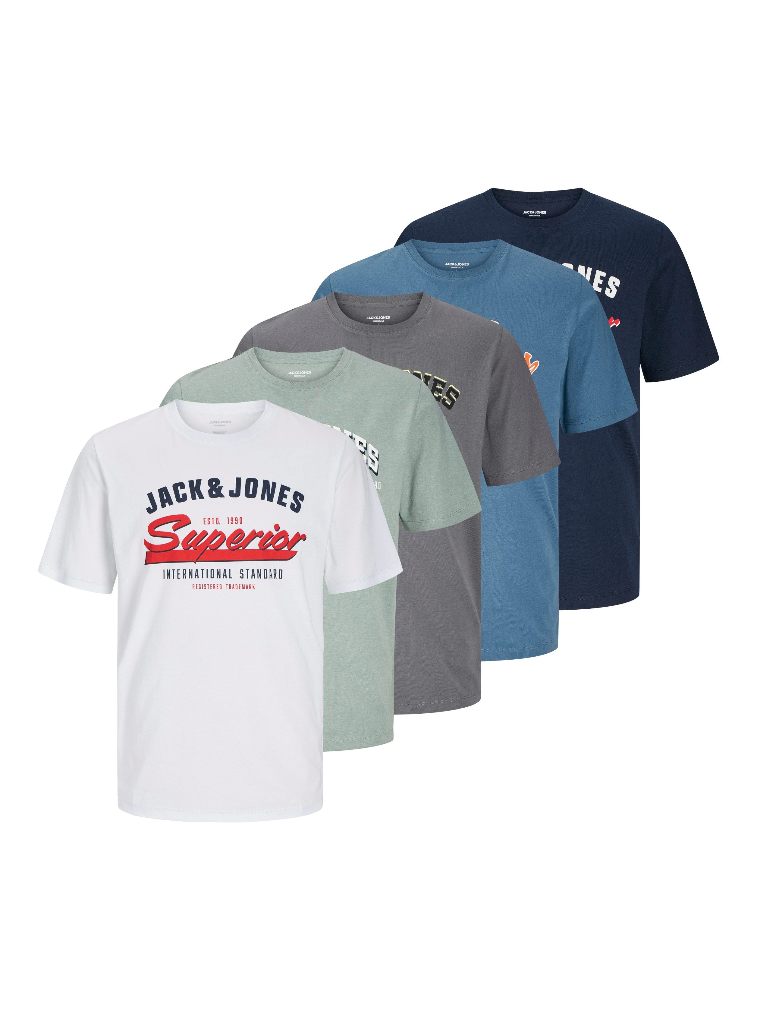 Jack & Jones Shirt met ronde hals JJELOGO TEE SS O-NECK 2 COL SS25 5PK MP (set, 5-delig)