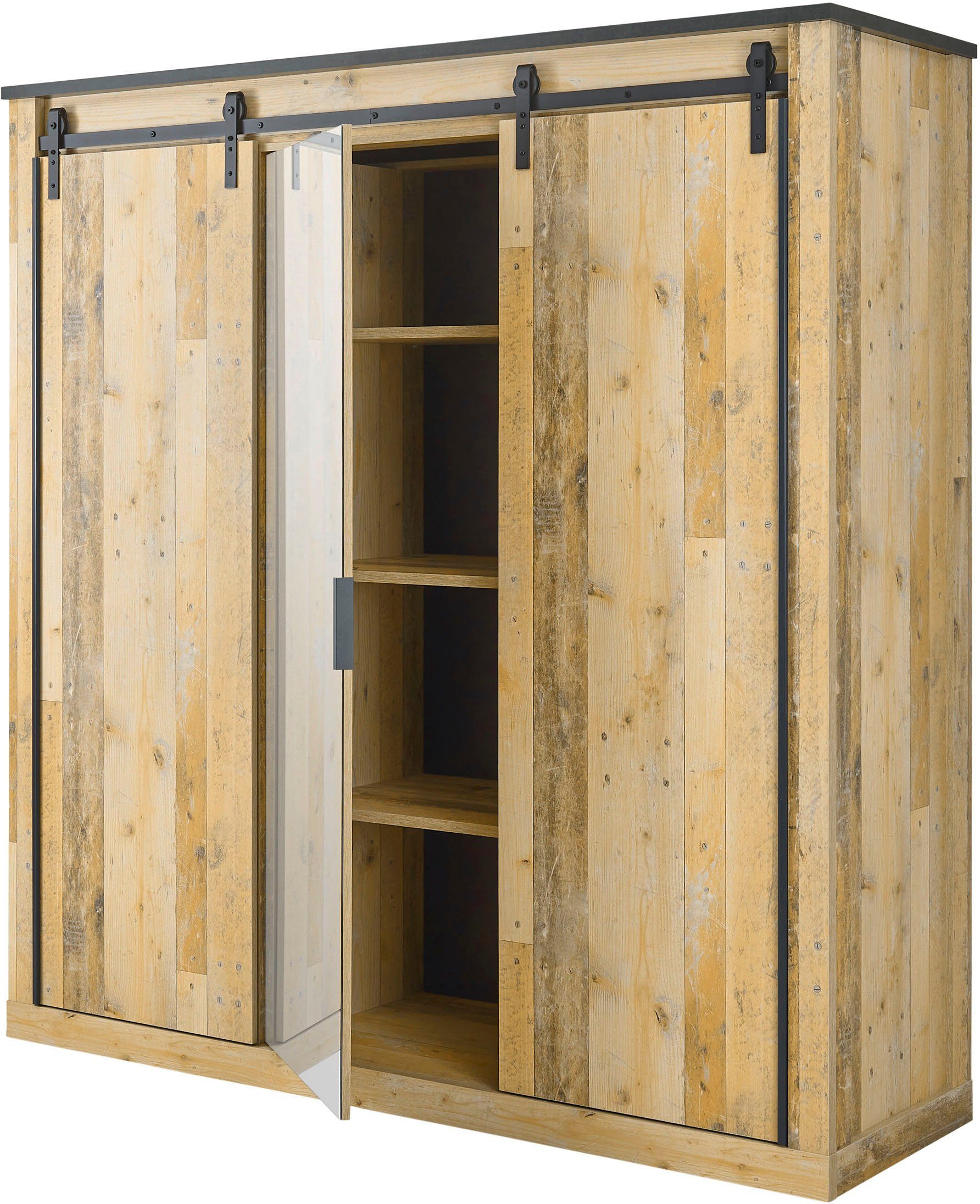 Home affaire Kledingkast SHERWOOD slaapkamerkast met spiegel linn kast Schuifdeuren met schuurdeur beslag van metaal, B/D/H 201/63/209cm