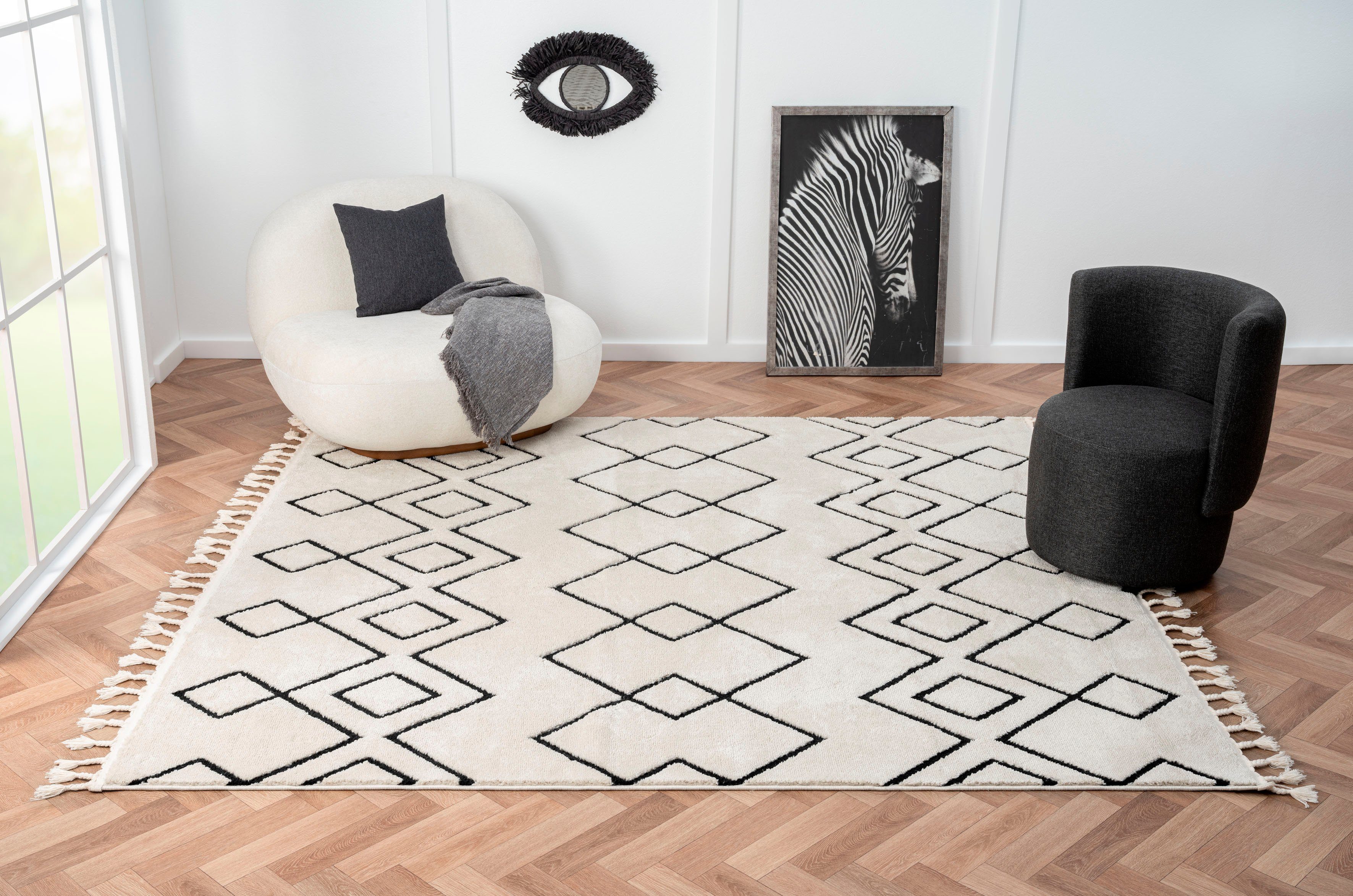 Myflair Möbel & Accessoires Hoogpolig vloerkleed Moroccan Mural modern, marokkaans ontwerp, fluffy zacht, met franjes