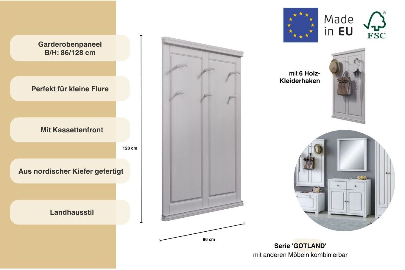 Home affaire Kapstokpaneel Gotland van massief grenen, fsc®-gecertificeerd, met 6 haken, 85 cm breed