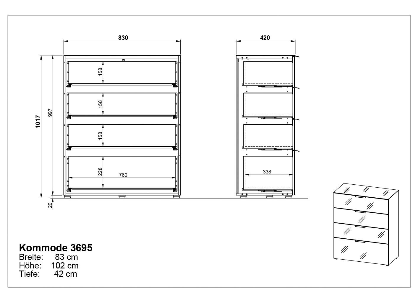 GERMANIA Kast met laden en deuren OAKLAND Breedte 83 cm , fronten en bovenblad met glas-inlay