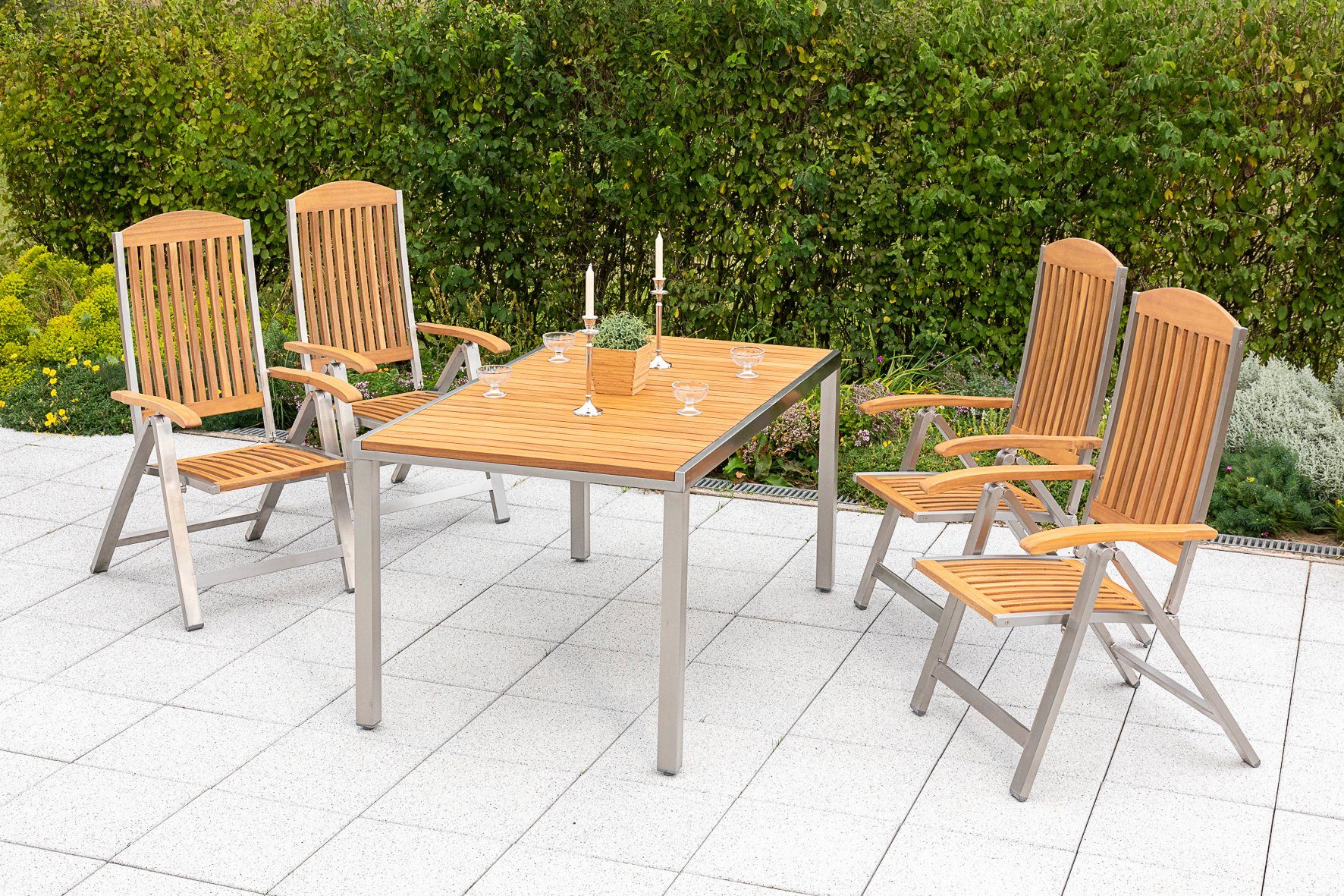 MERXX Tuin-eethoek Keros 4 klapstoelen met tafel (5-delig) tuinsets grijs