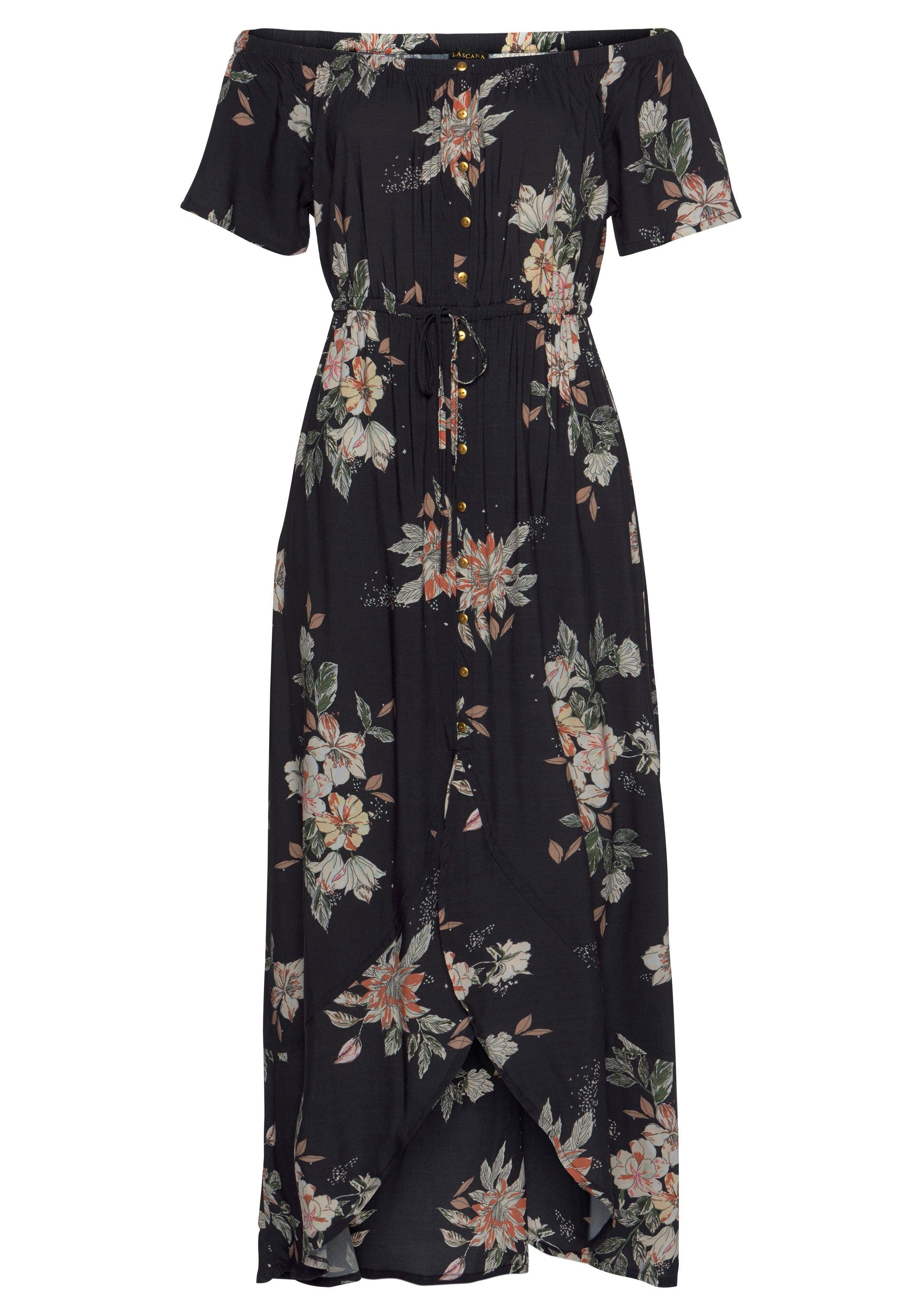 Lascana Maxi-jurk in trendy vokuhila-snit en carmen-halslijn, zomerjurk