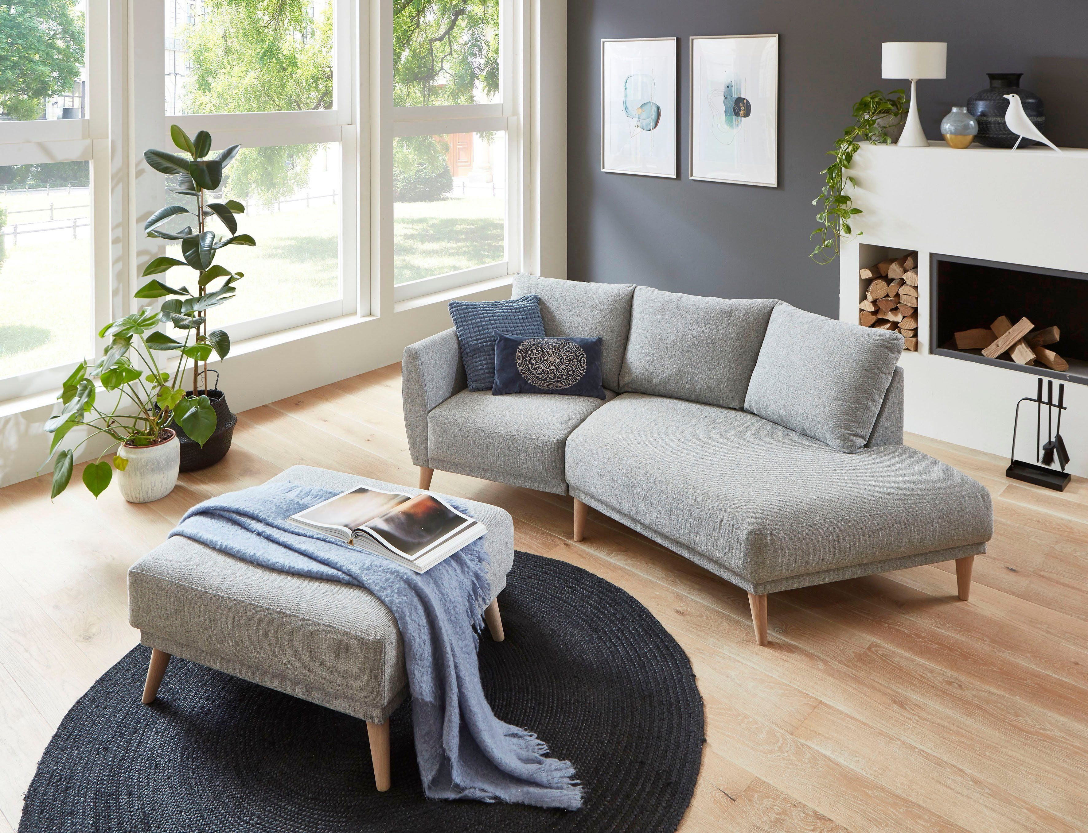 ATLANTIC home collection 2,5-zitsbank Elvis Hoekbank met open einde in Scandinavische stijl, massief houten poten