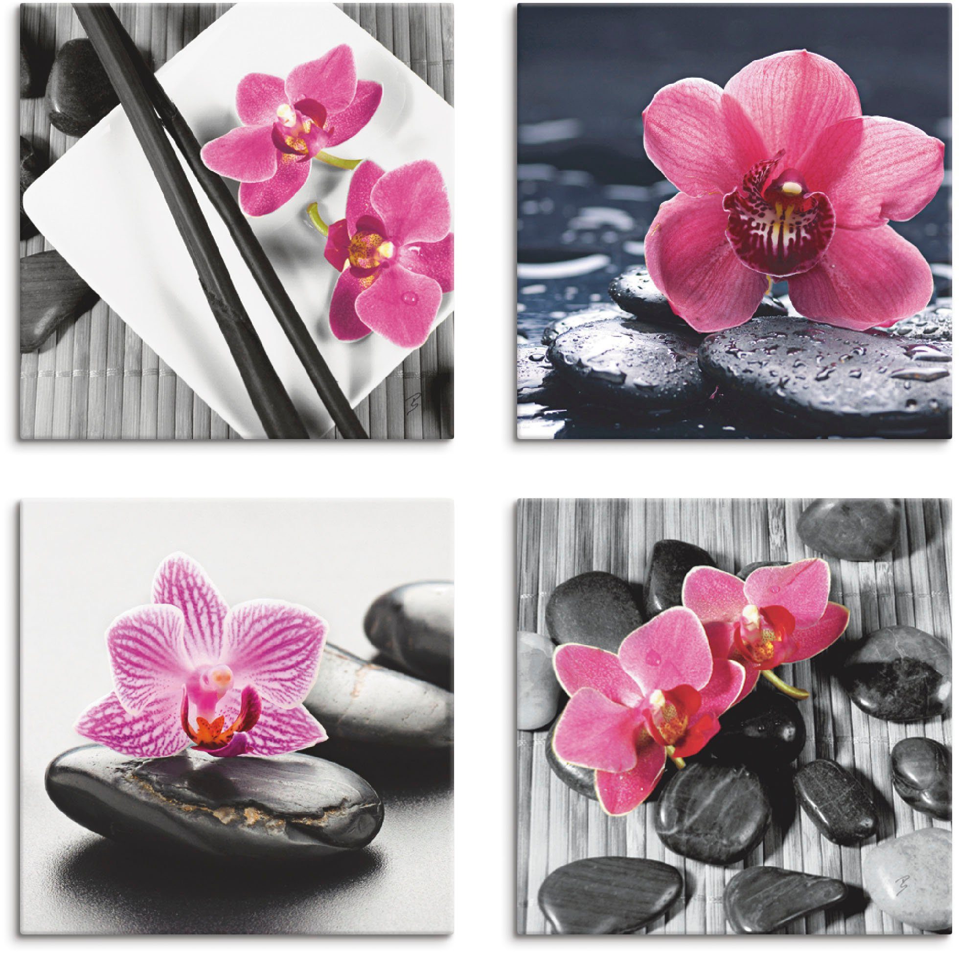 Artland Artprint op linnen Aziatische compositie orchidee zen (4 stuks)