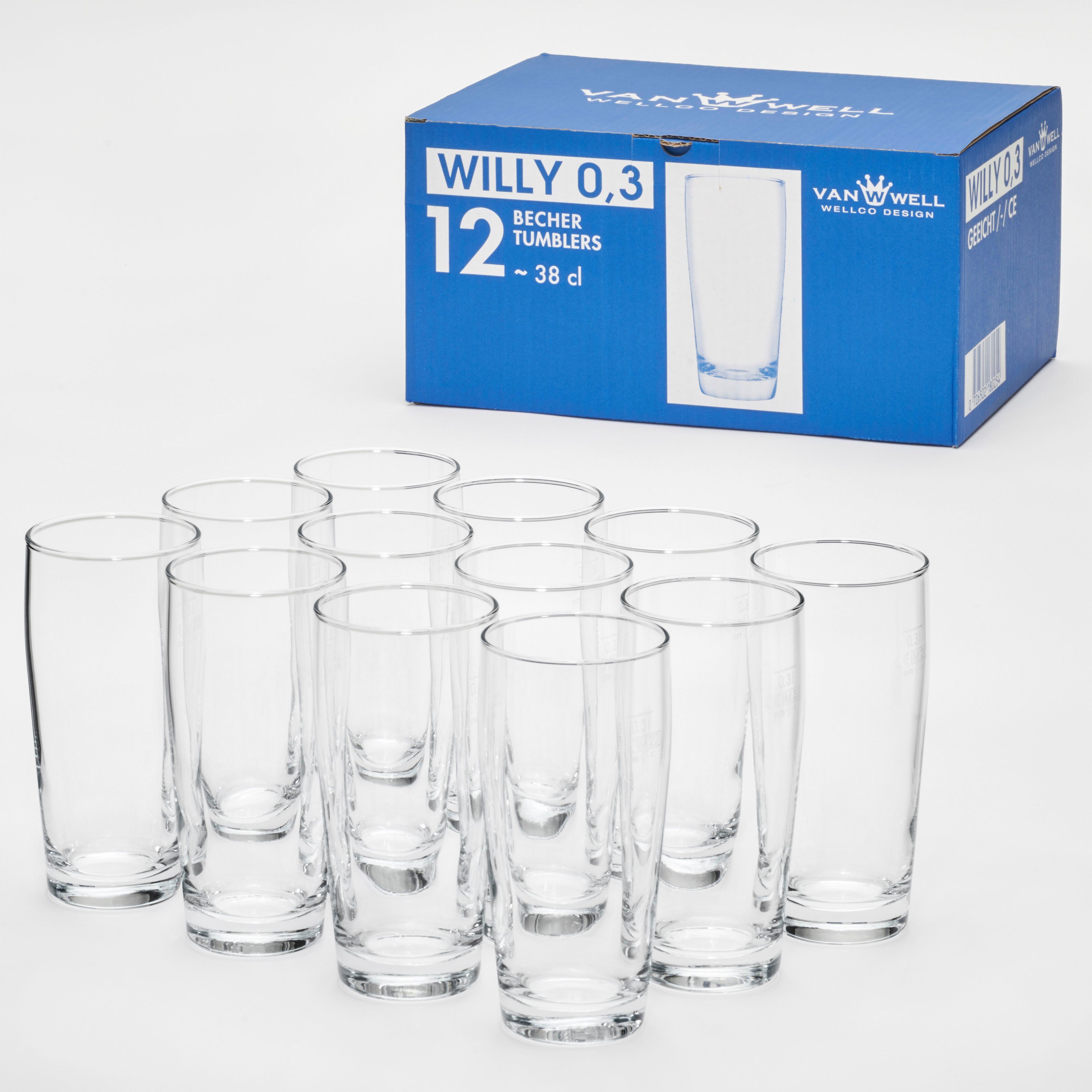 van Well Bierglas Willybecher 0,3 l, gekalibreerd, vaatwasmachinebestendig, horeca kwaliteit, 12-delig. (set, 12-delig)