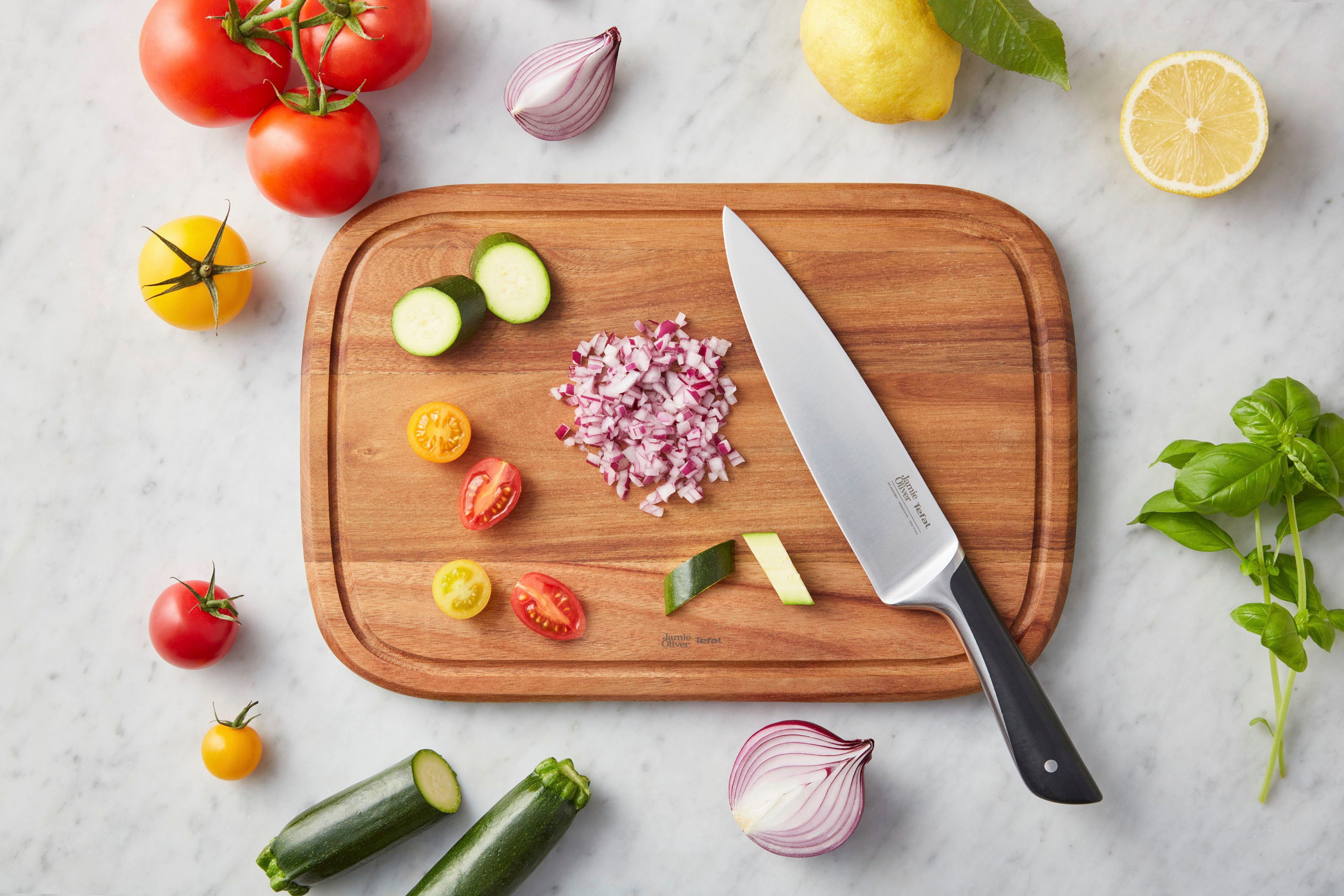 Tefal Pannenset Jamie Oliver Cook Smart stijlvolle roestvrijstalen pannen, inclusief koksmes, receptenboek (set)