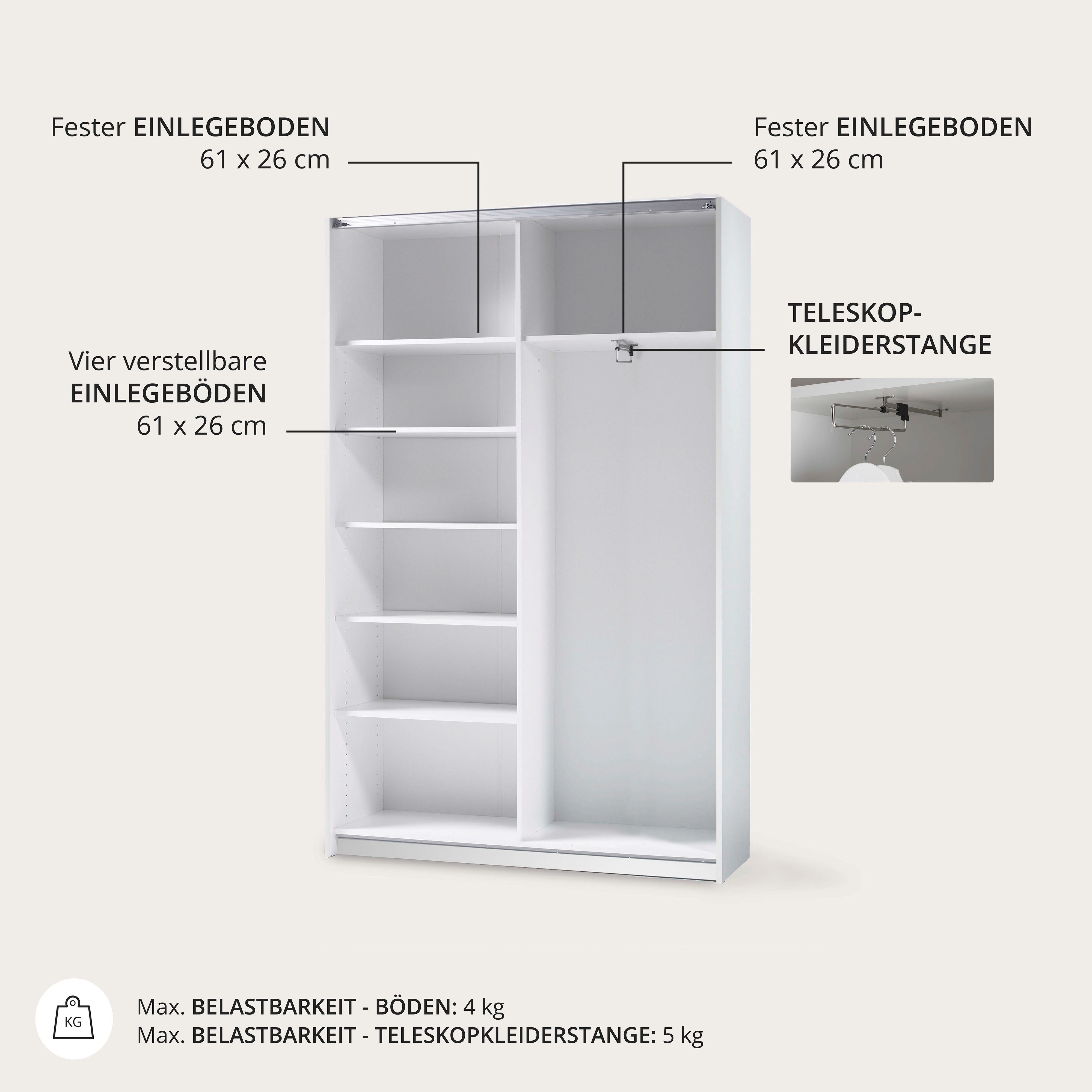 Schlafkontor Zweefdeurkast Heimo / Fast Kast Kledingkast Garderobe weinig diepte, uitschuifbare kledingstang, garderobekast, 6 planken