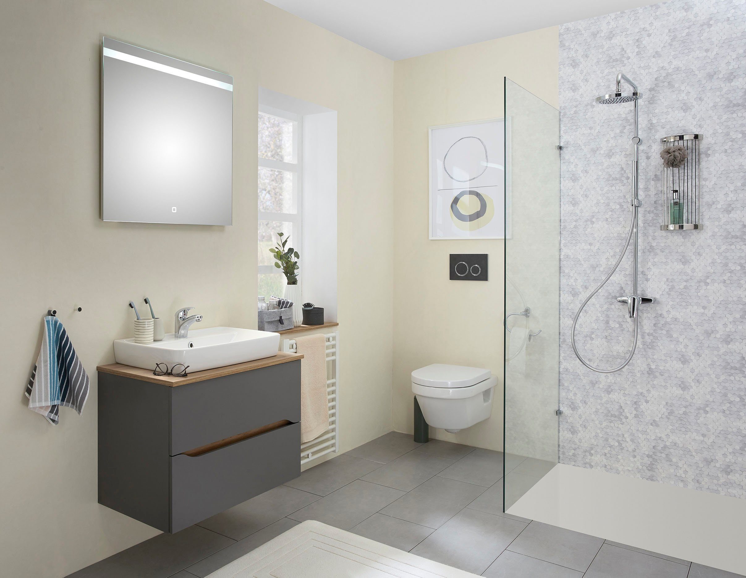 Saphir Badkamerserie Quickset 2-delig, keramieken opzetwasbak met led-spiegel Wastafelmeubel 73 cm breed, inclusief deurdemper, 2 laden (4-delig)