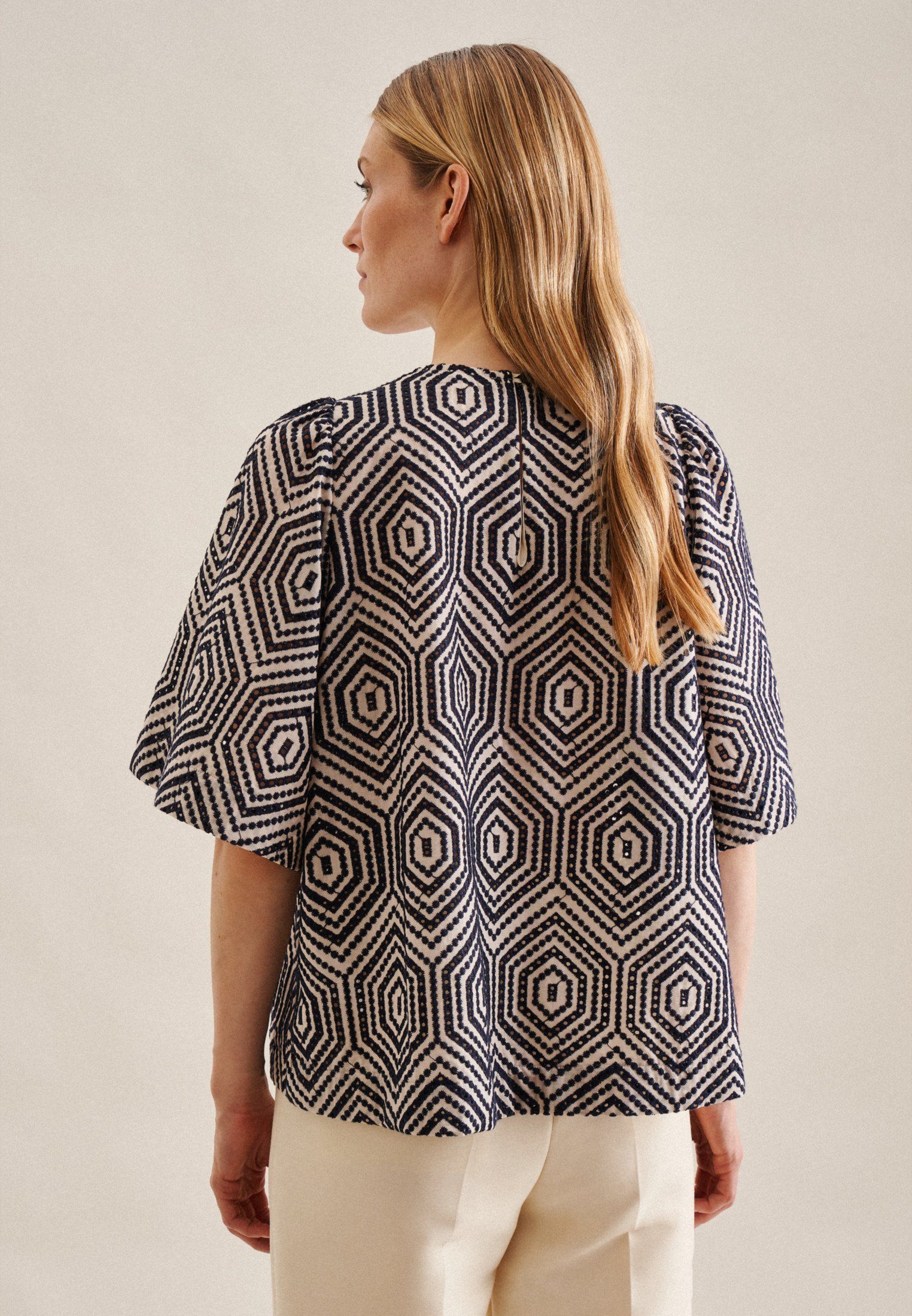 seidensticker Shirtblouse Zwarte roos Korte mouwen ronde hals strepen