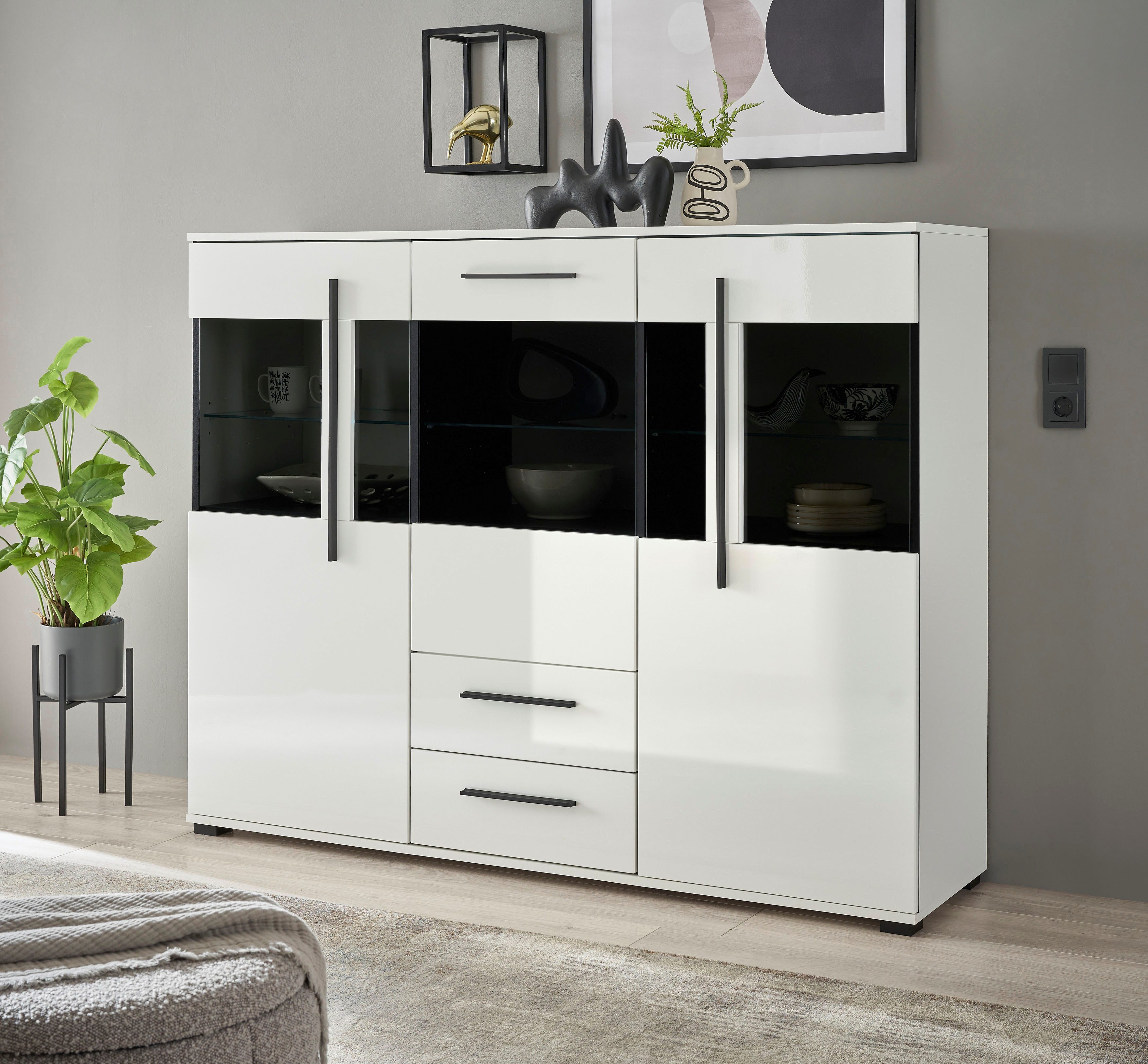 INOSIGN Highboard Cantara, moderne kast, vitrinekast in Eiken decor of wit zwarte stanggreep, voldoende opbergruimte, veelzijdig inzetbaar