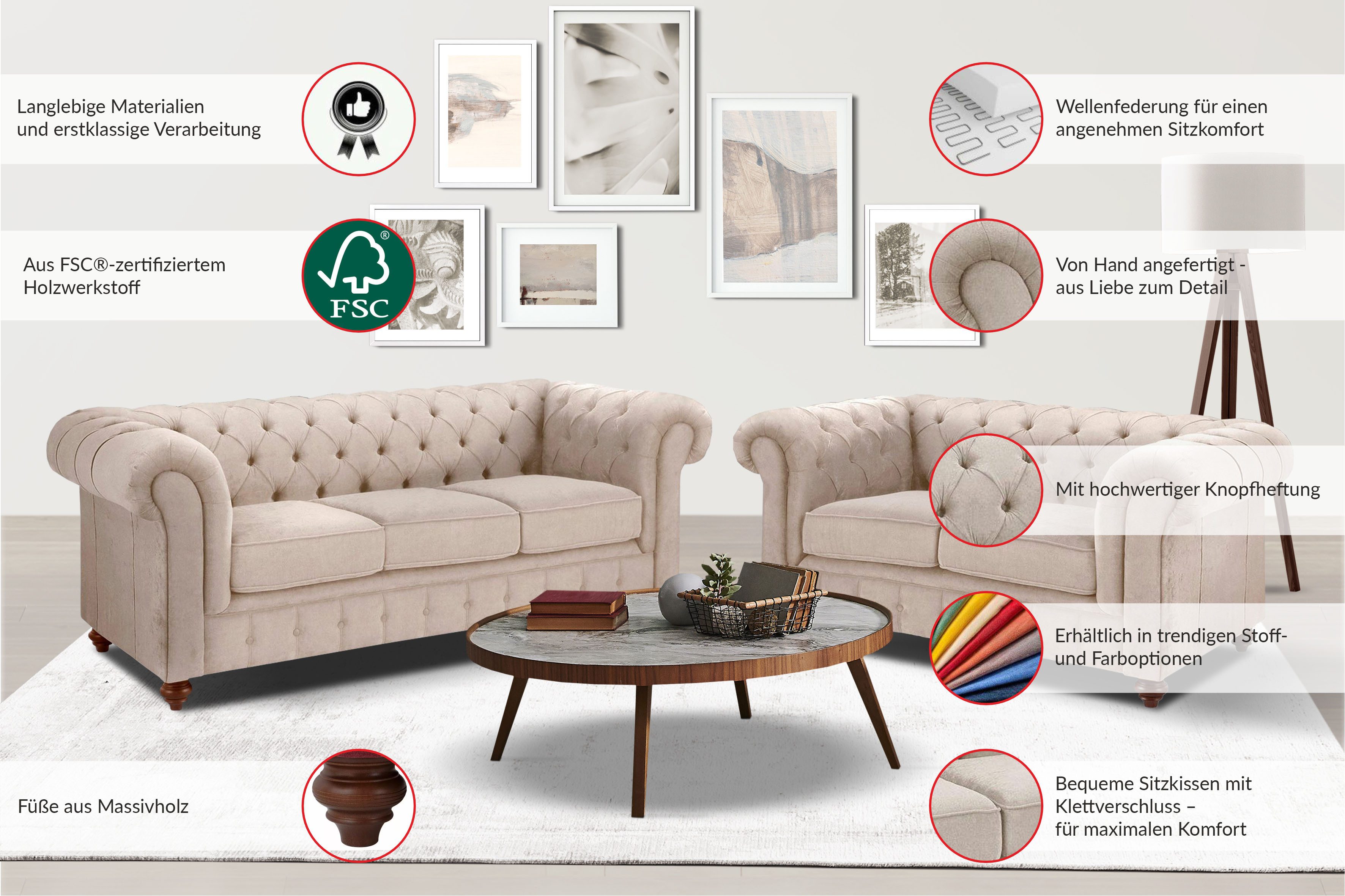 Home affaire Chesterfield-bank Chesterfield 2-zits B/D/H: 150/89/74 cm met hoogwaardige knoopdetails, ook in leer