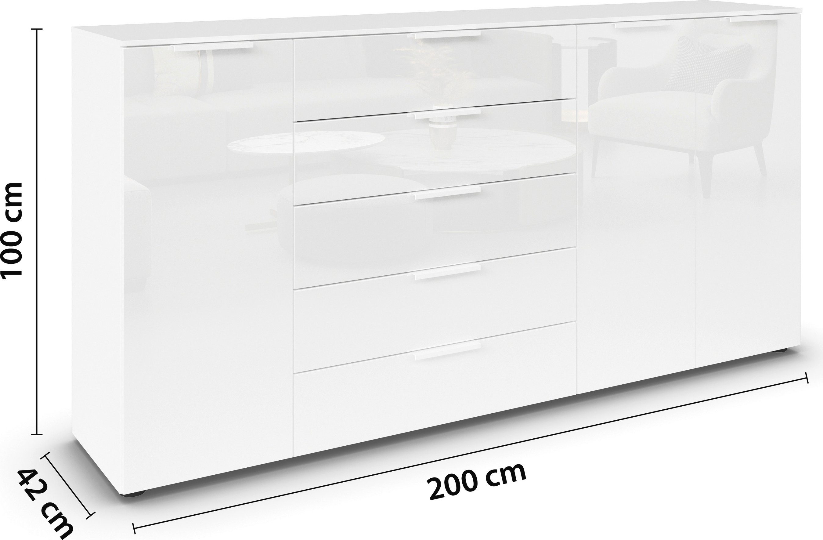 rauch Kast met laden en deuren Flipp kast sideboard waskast 3-deurs, 5 laden met soft-close functie en glazen front