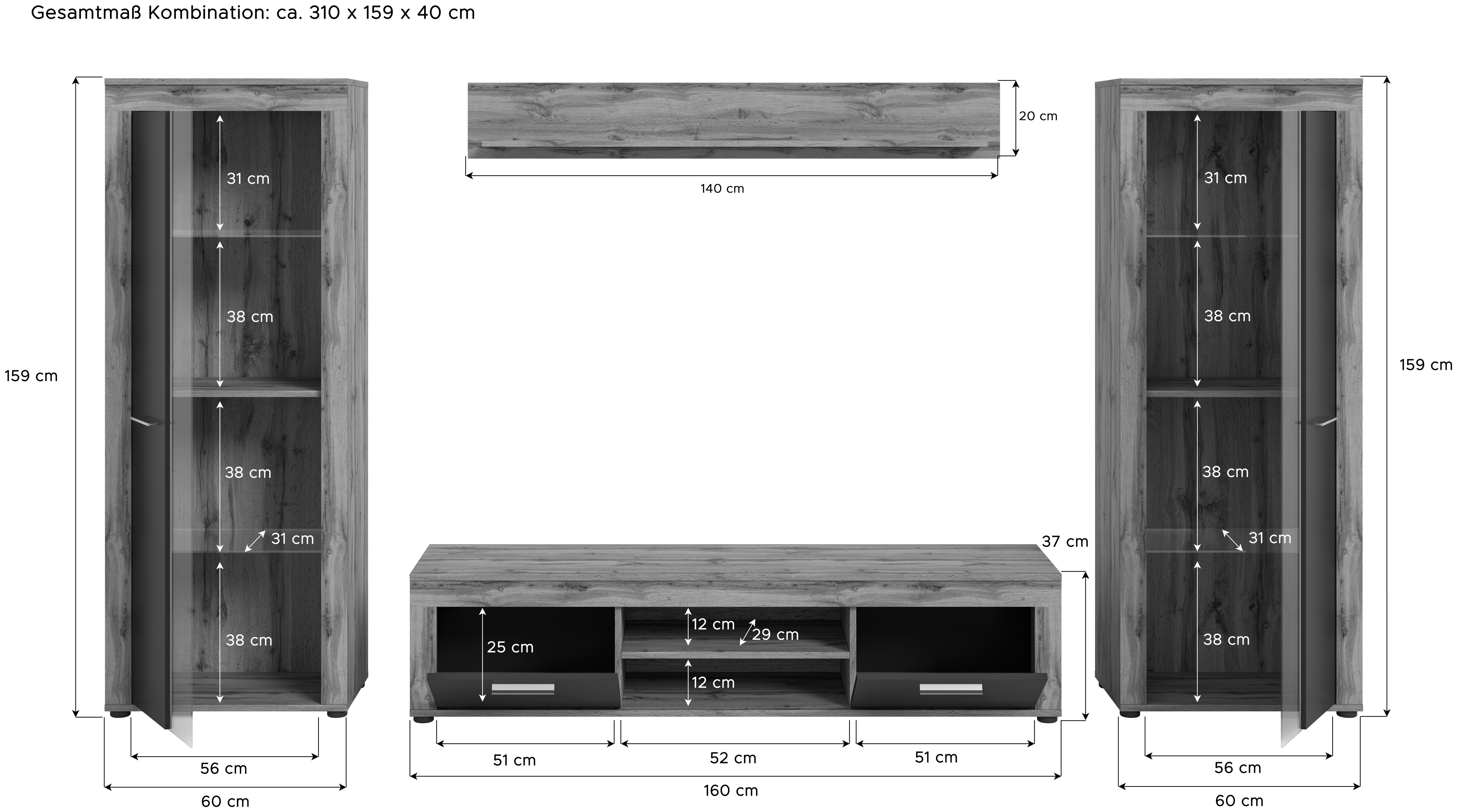 INOSIGN Wandmeubel Aosta, breedte 310 cm, bestaat uit: 2x vitrinekast, lowboard, wandplank