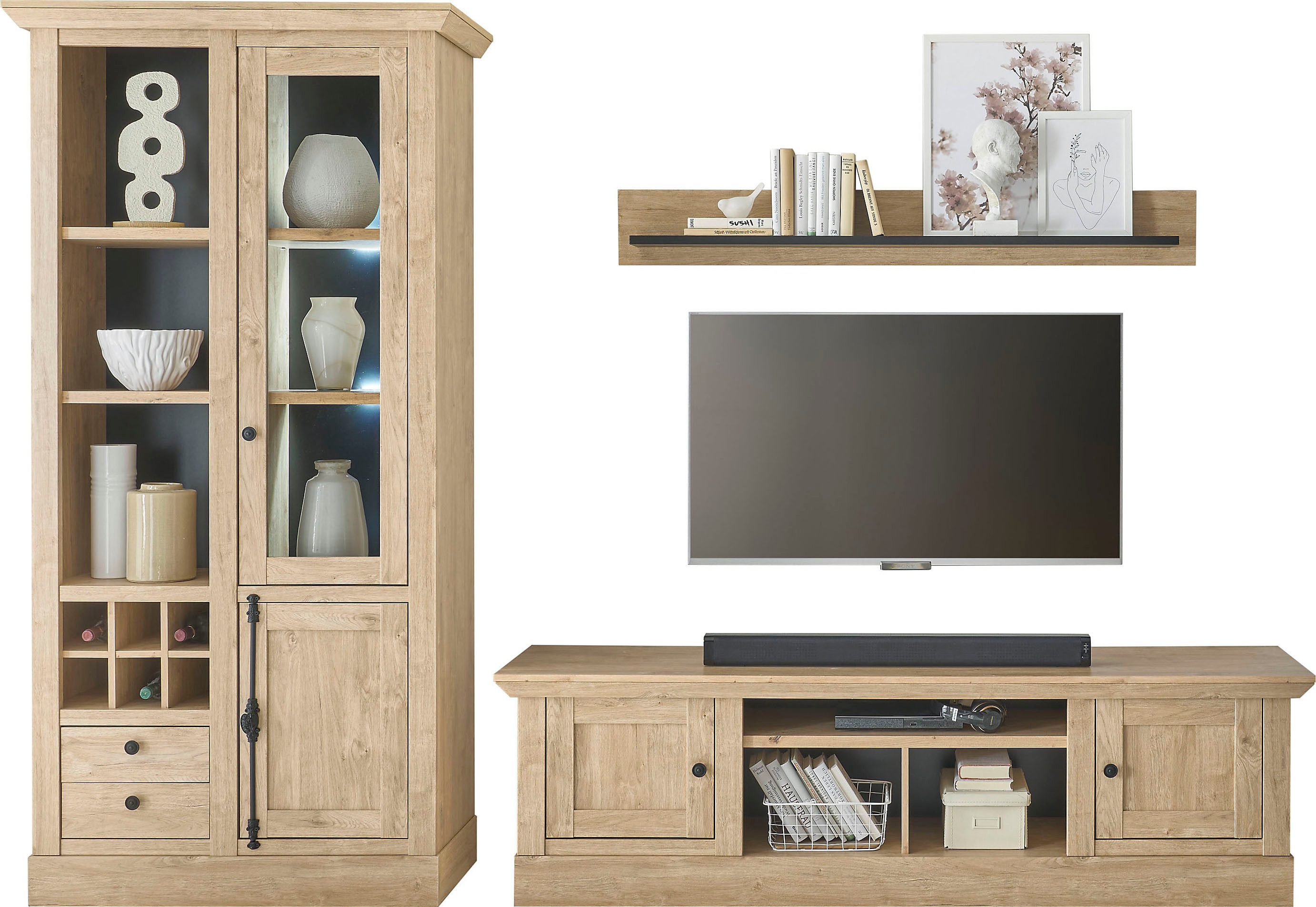 Home affaire Wandmeubel Cornwall, opbouwwand in landelijke stijl, woonkamer-set, in eiken decor (set, 3-delig)