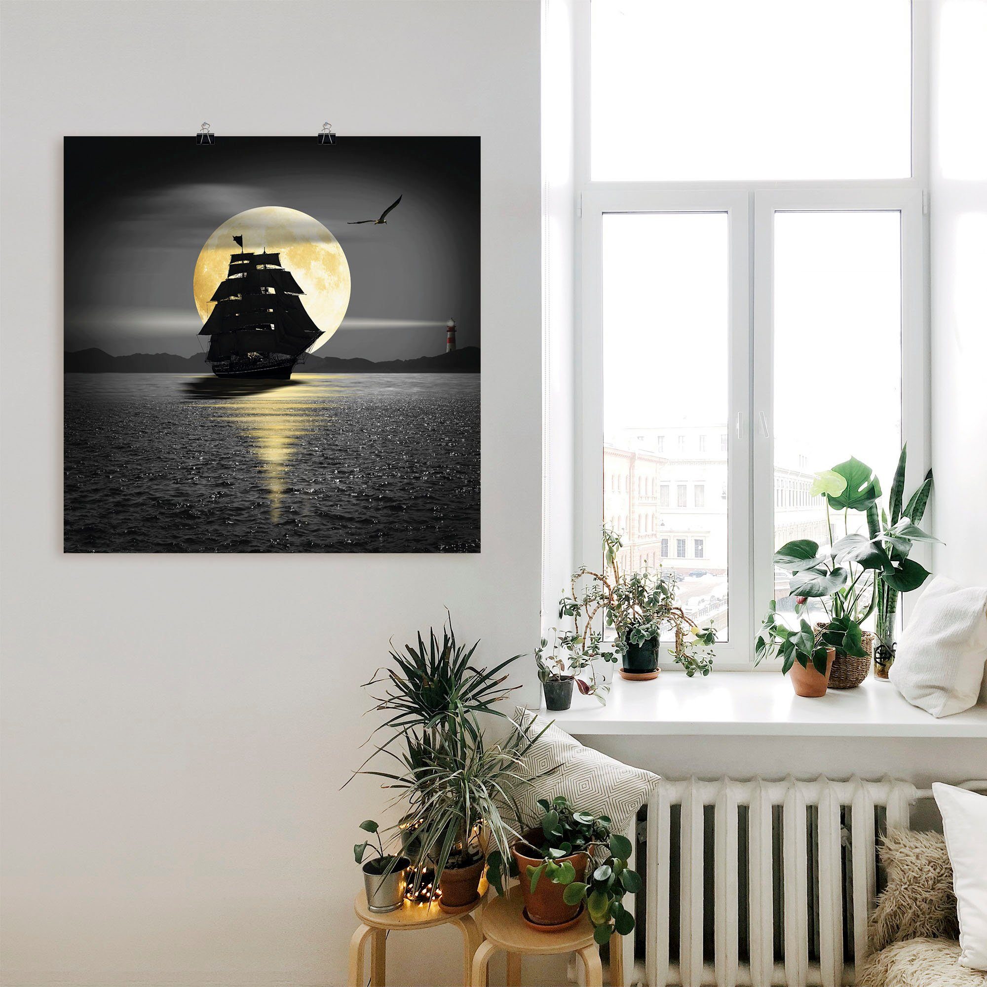 Artland Artprint Een boot met zwarte zeilen als artprint op linnen, poster, muursticker in verschillende maten