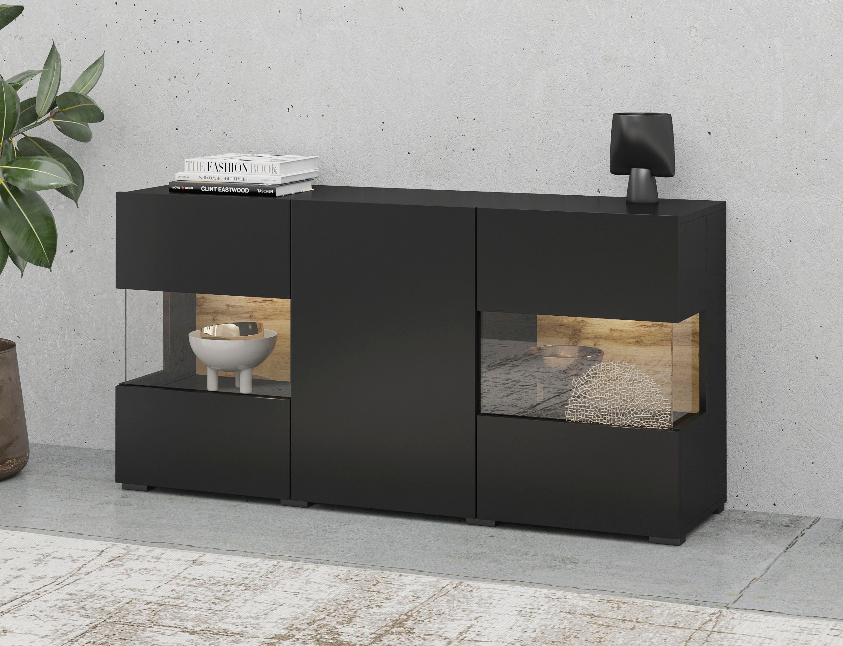 INOSIGN Dressoir Ava, breedte 120 cm, hangend en staand te monteren moderne grepless commode, buffet, 3 deuren, hoekverglasingen