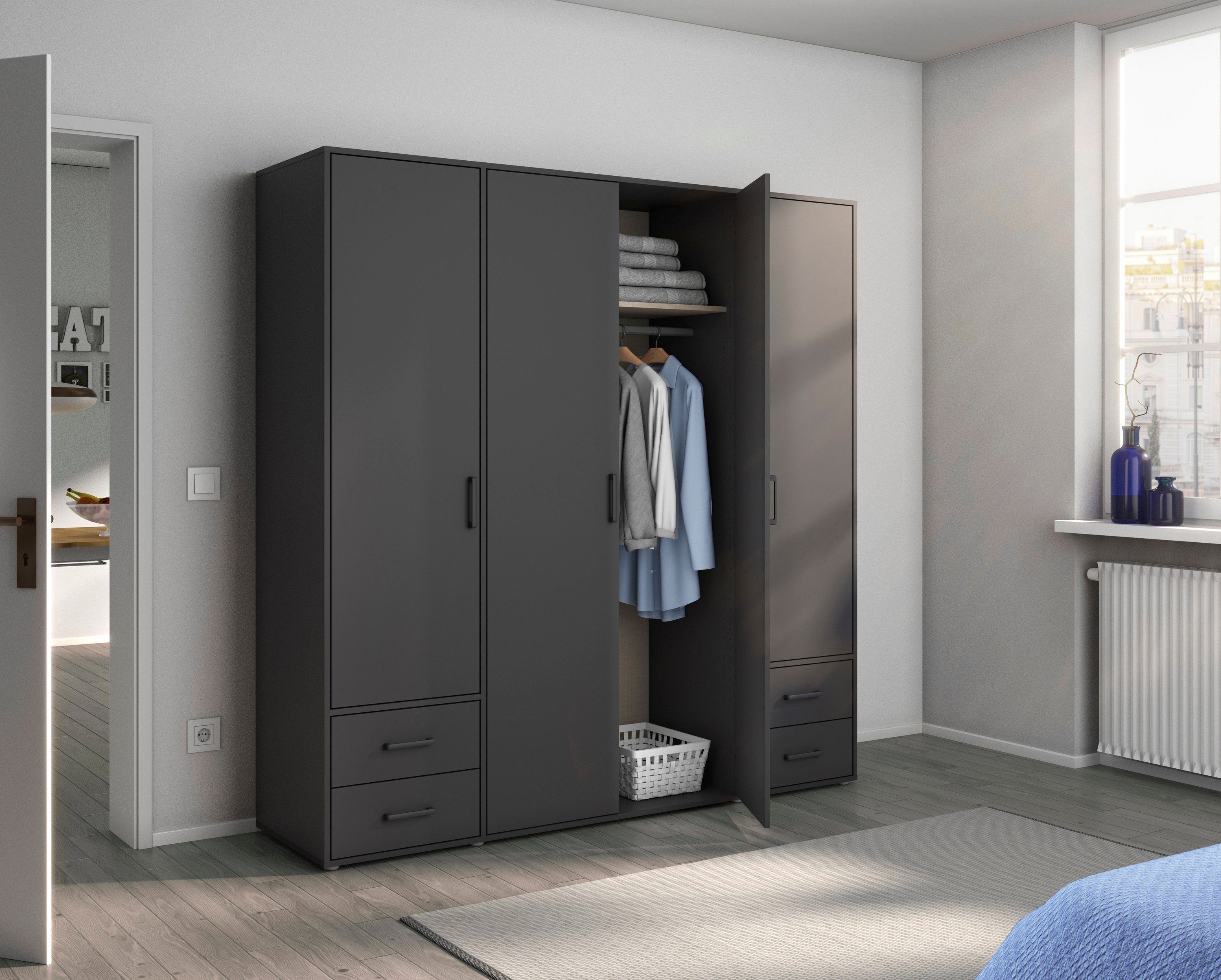 rauch Draaideurkast Kledingkast kast garderobe linnenkast VOYAGER moderne grepen in grijs metallic met buitenlades made in germany