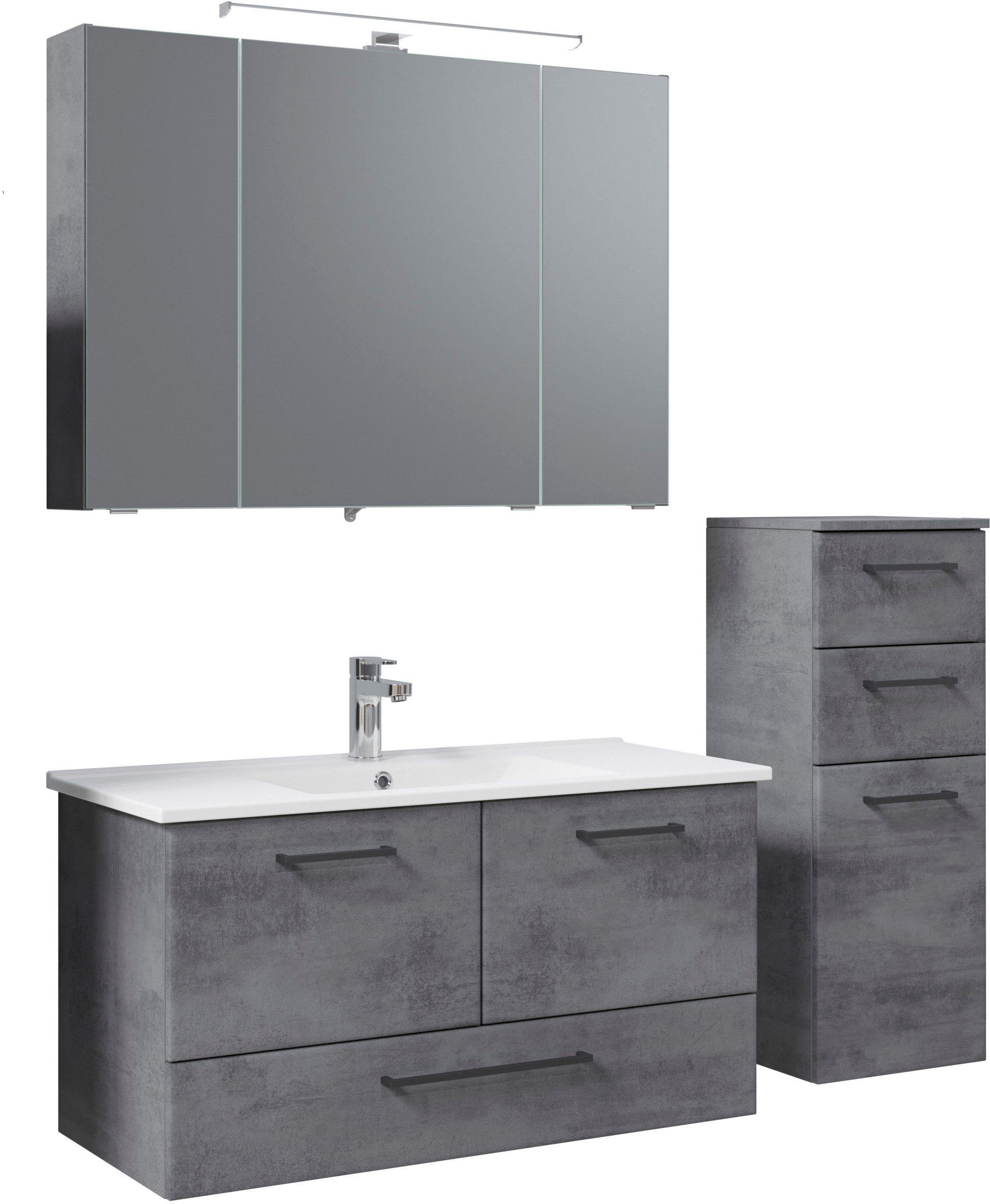 Saphir Badkamerserie Quickset 945 3-delig, keramieken wastafelonderkast met led-spiegelkast (4-delig) badmeubelsets grijs