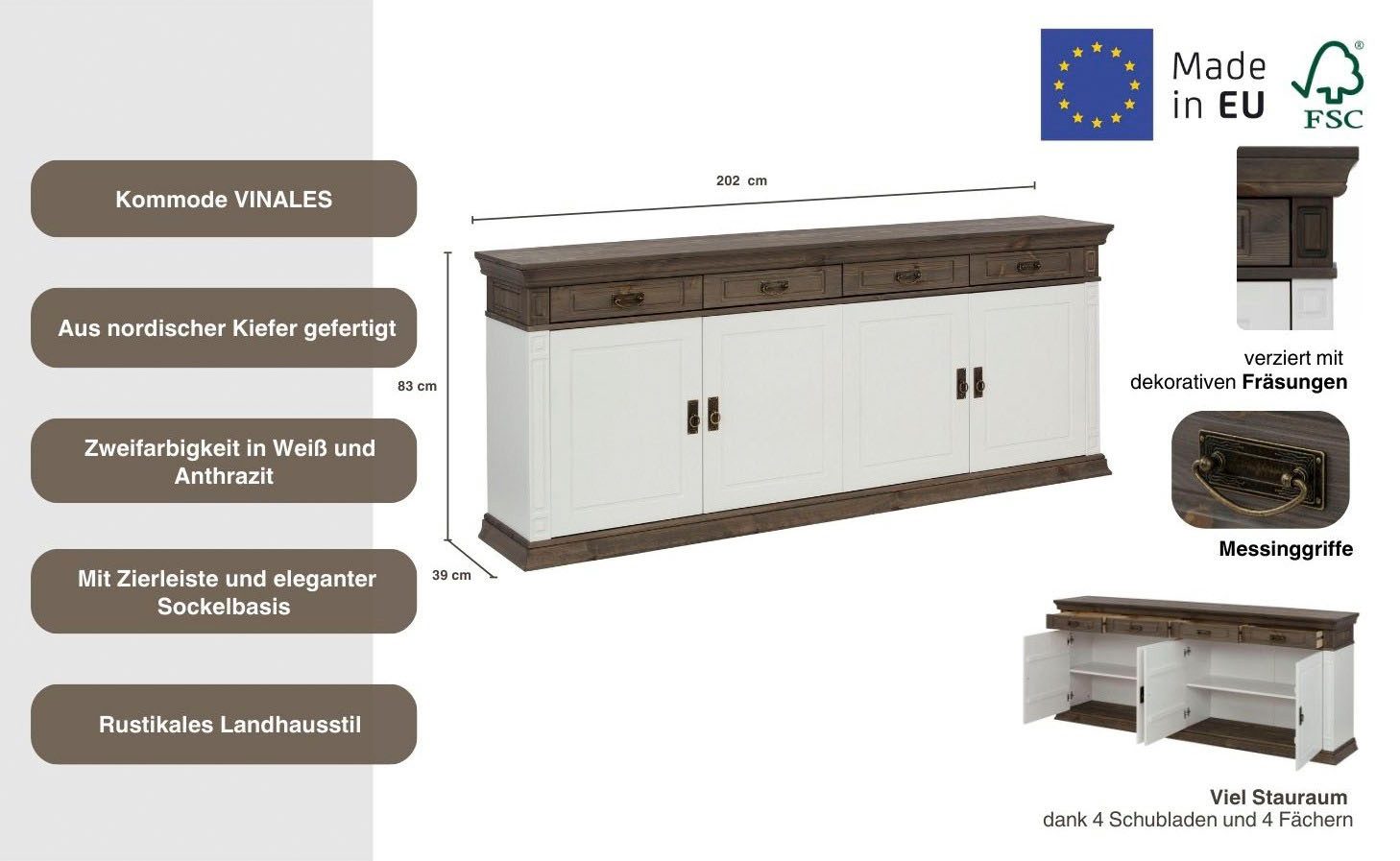 Home affaire Dressoir Vinales Commode in klassieke landelijke stijl, breedte 202 cm