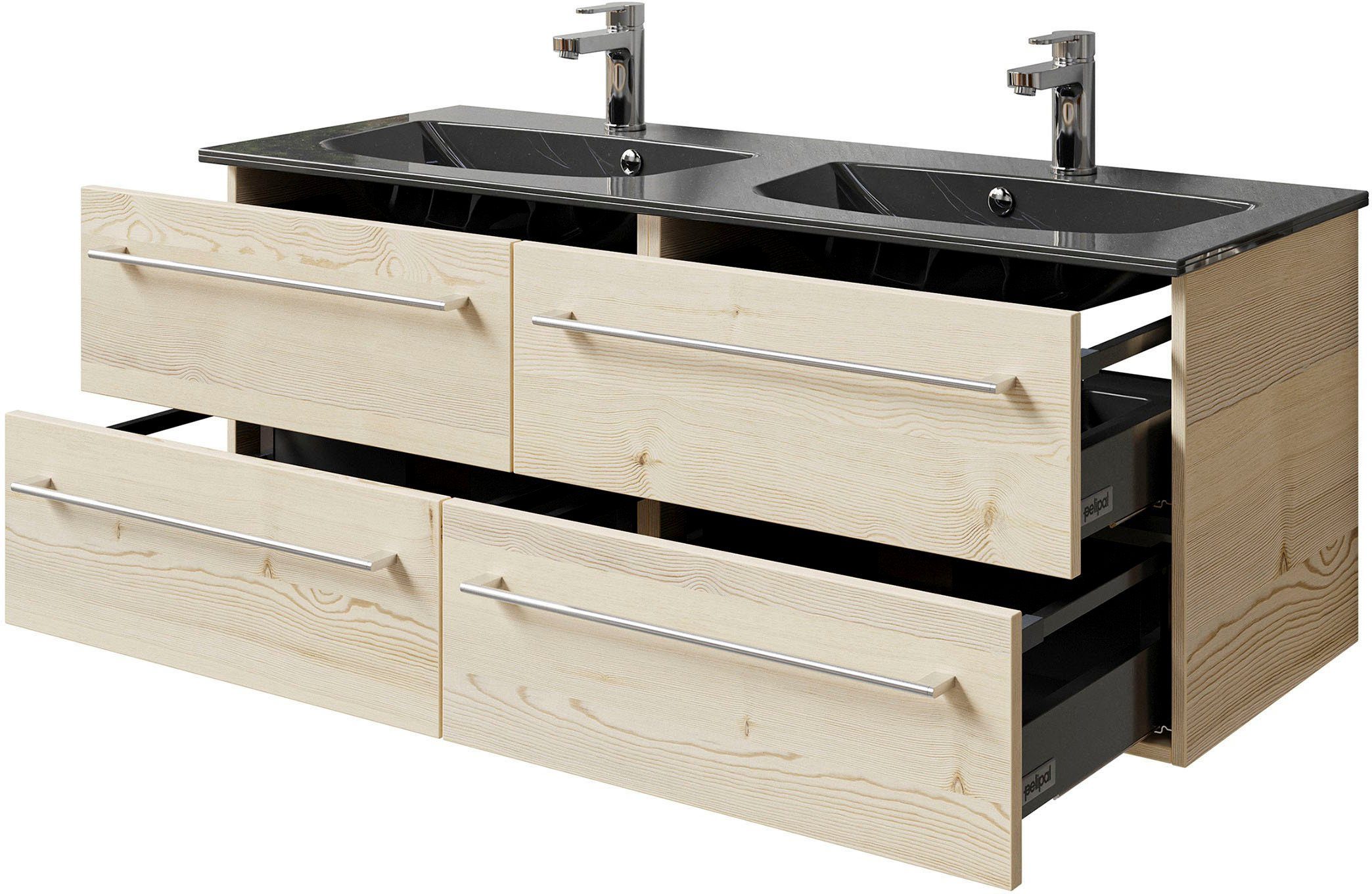Saphir Wastafelonderkast Serie 6025 mineraalmarmeren wastafel met onderkast, 132 cm breed Dubbele wastafel met 4 lades, hangend, verschillende uitvoeringen (2-delig)