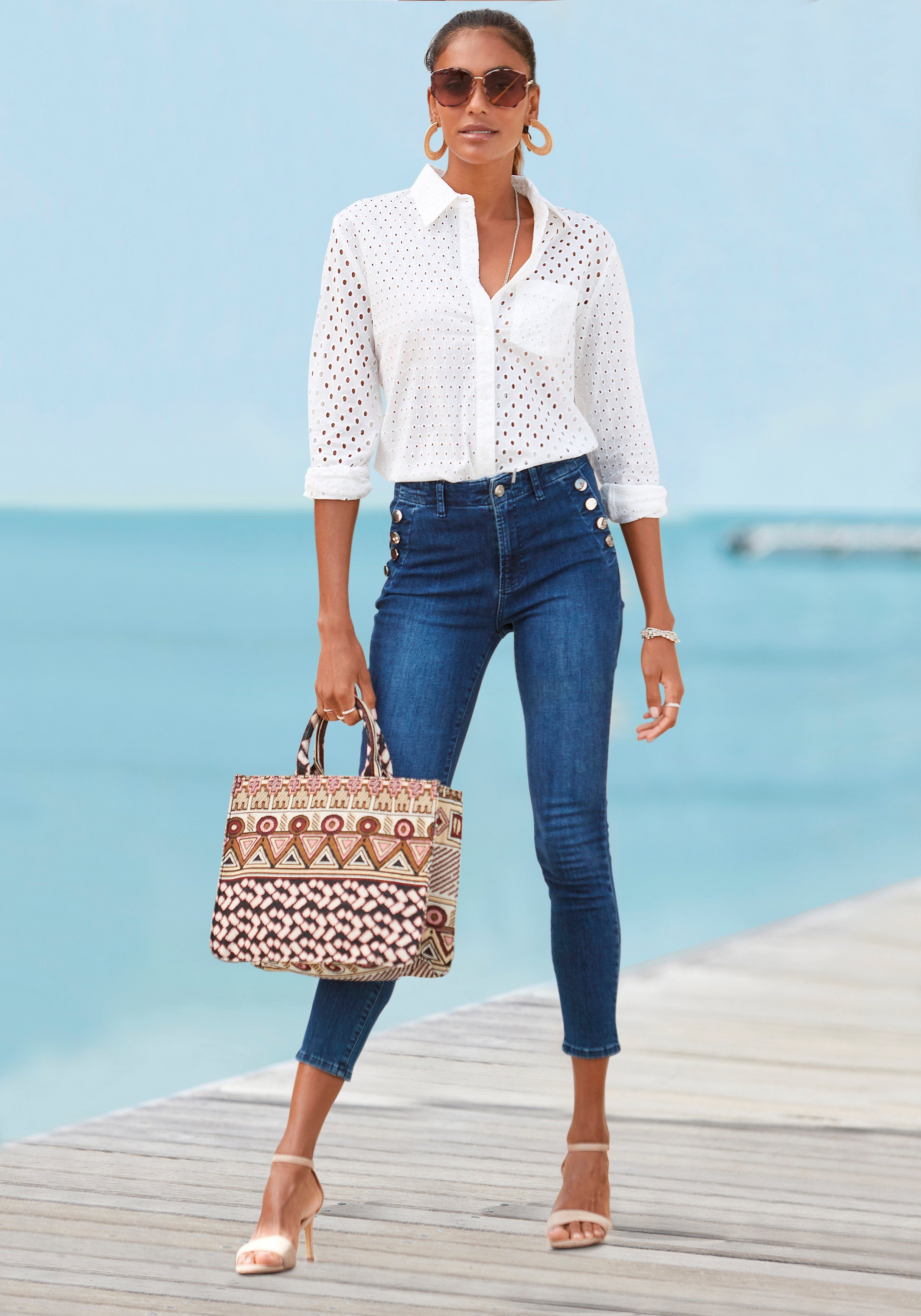 Lascana Blouse met lange mouwen met gaatjespatroon en blazerkraag, damesblouse, casual-elegant