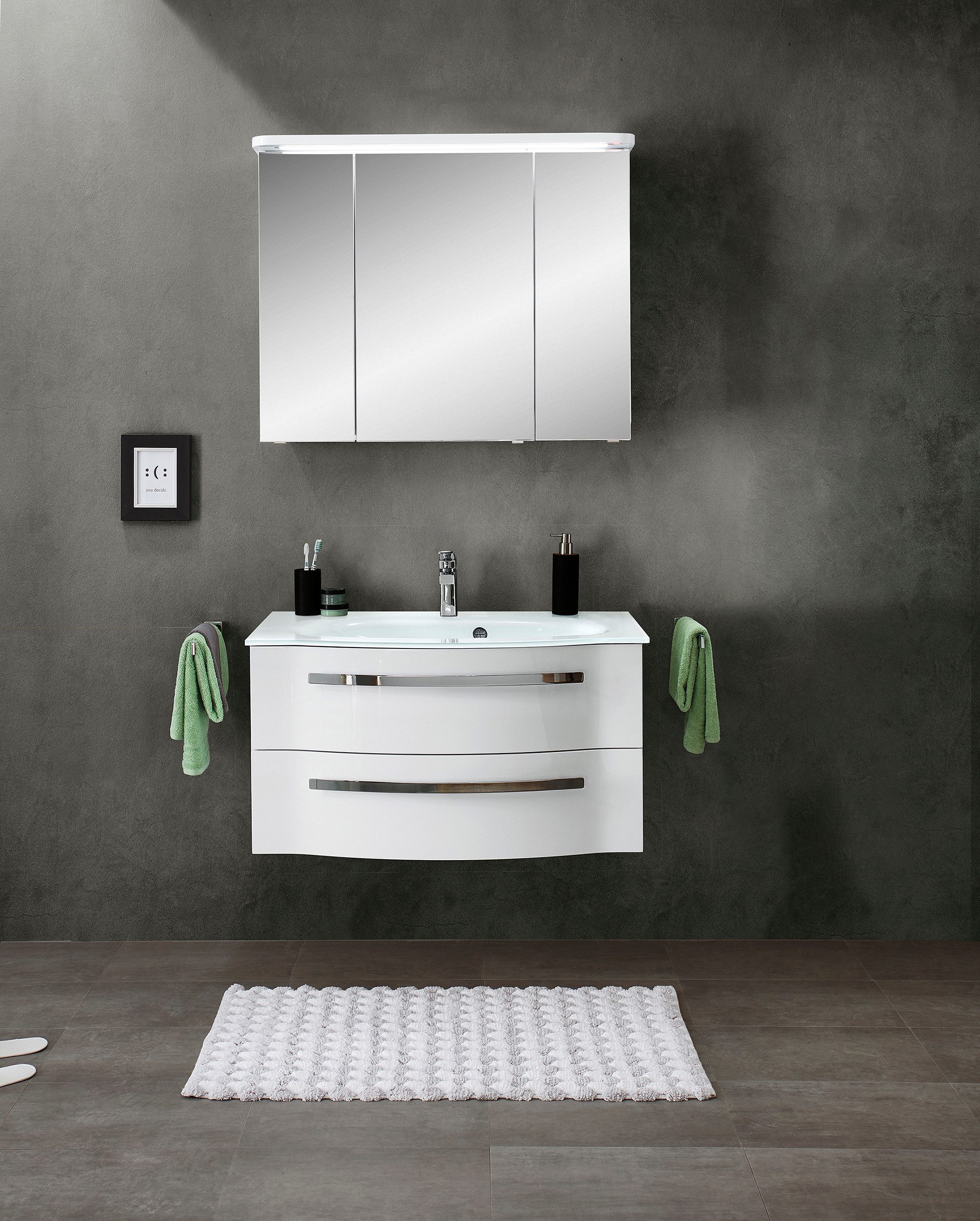 Saphir Spiegelkast Serie 4005 badkamer spiegelkast incl. LED-kransverlichting Badkast 90 cm breed, 3 deuren, 6 glazen legplanken, incl. deurdemper