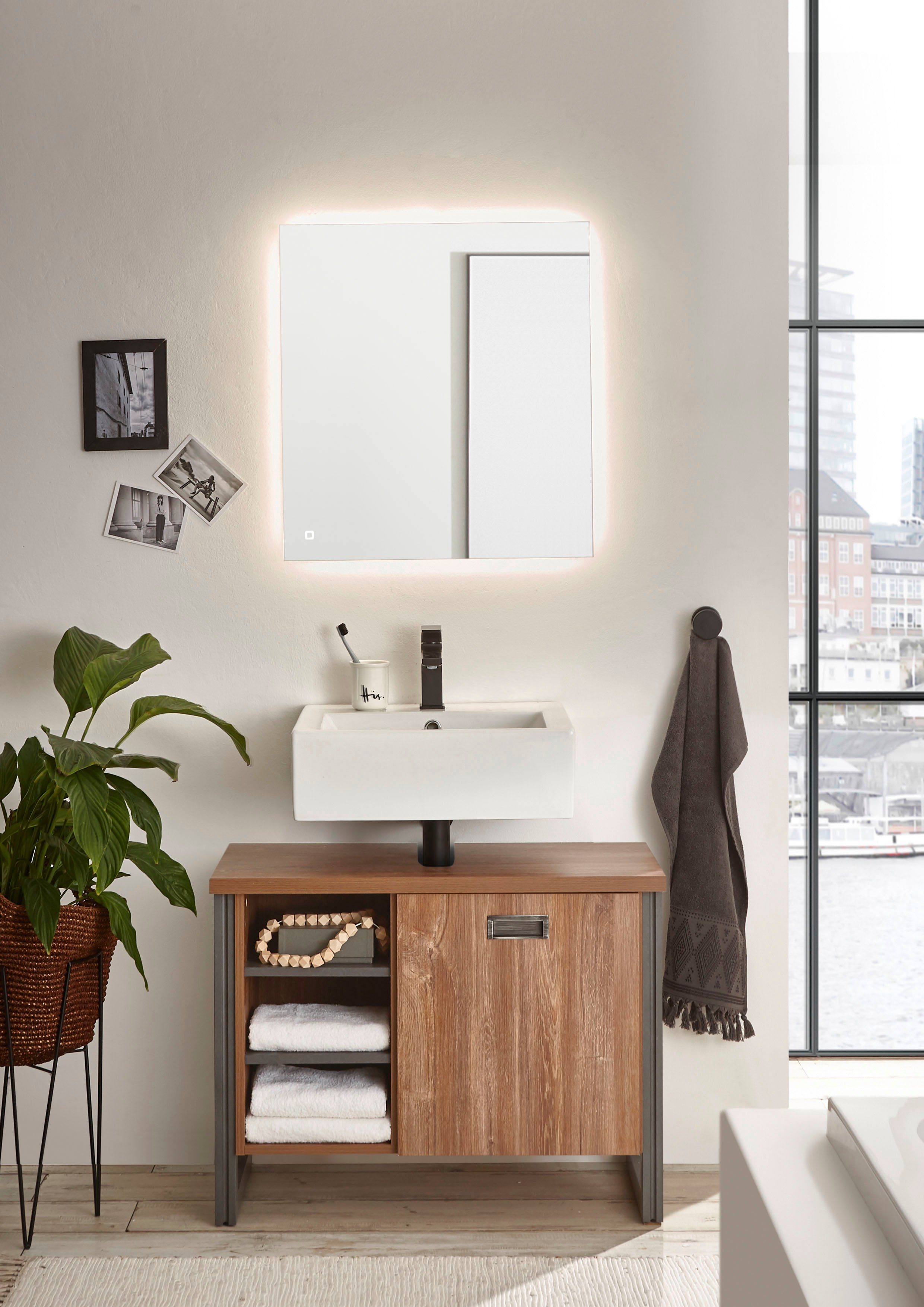 Home affaire Badkamerserie Detroit, badkamer in industriële stijl, incl. LED, 2-delig badkamer (2-delig)