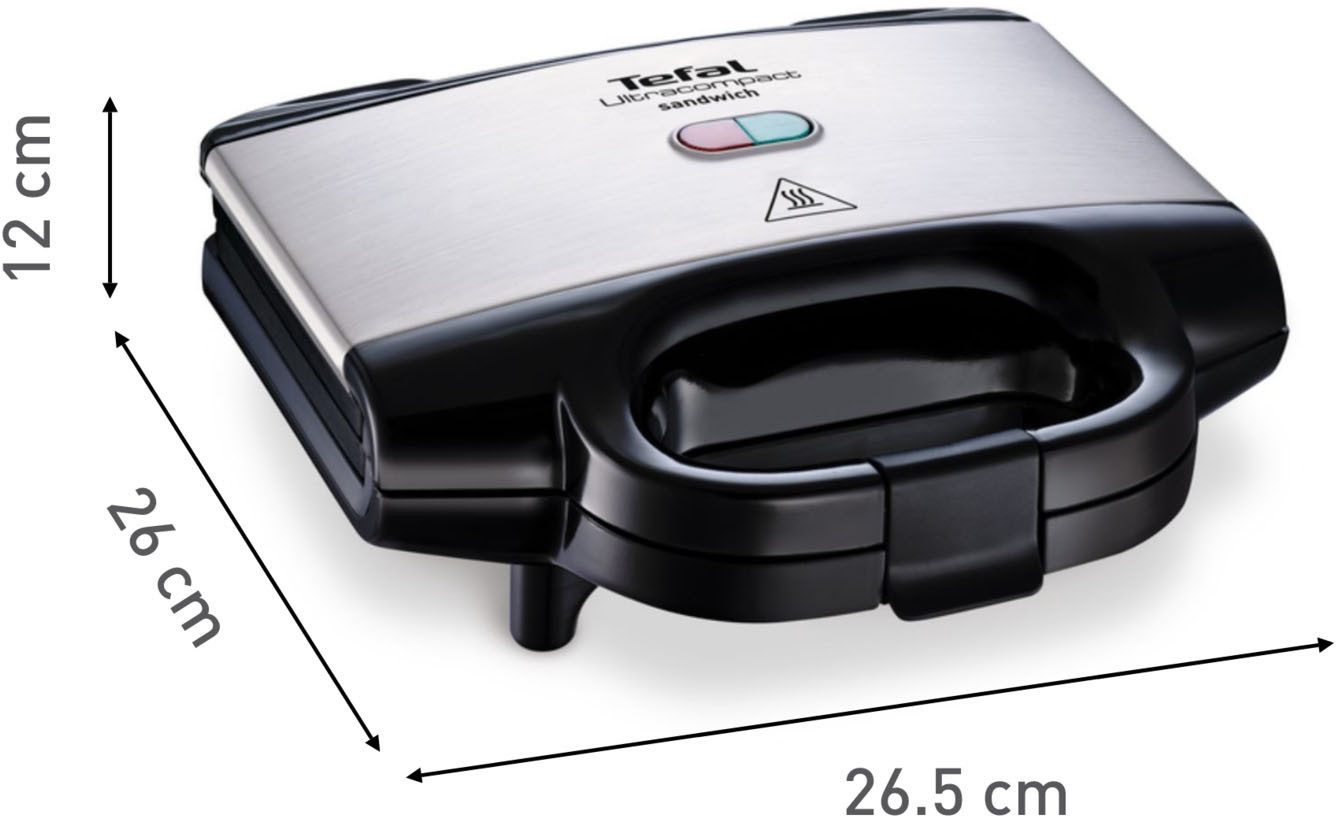 Tefal Sandwichmaker Ultracompact, eenvoudige reiniging, vergrendelknop, geïsoleerde handgreep bakplaten met antiaanbaklaag, gemakkelijk te reinigen, afm.: 26,5x12x26 cm
