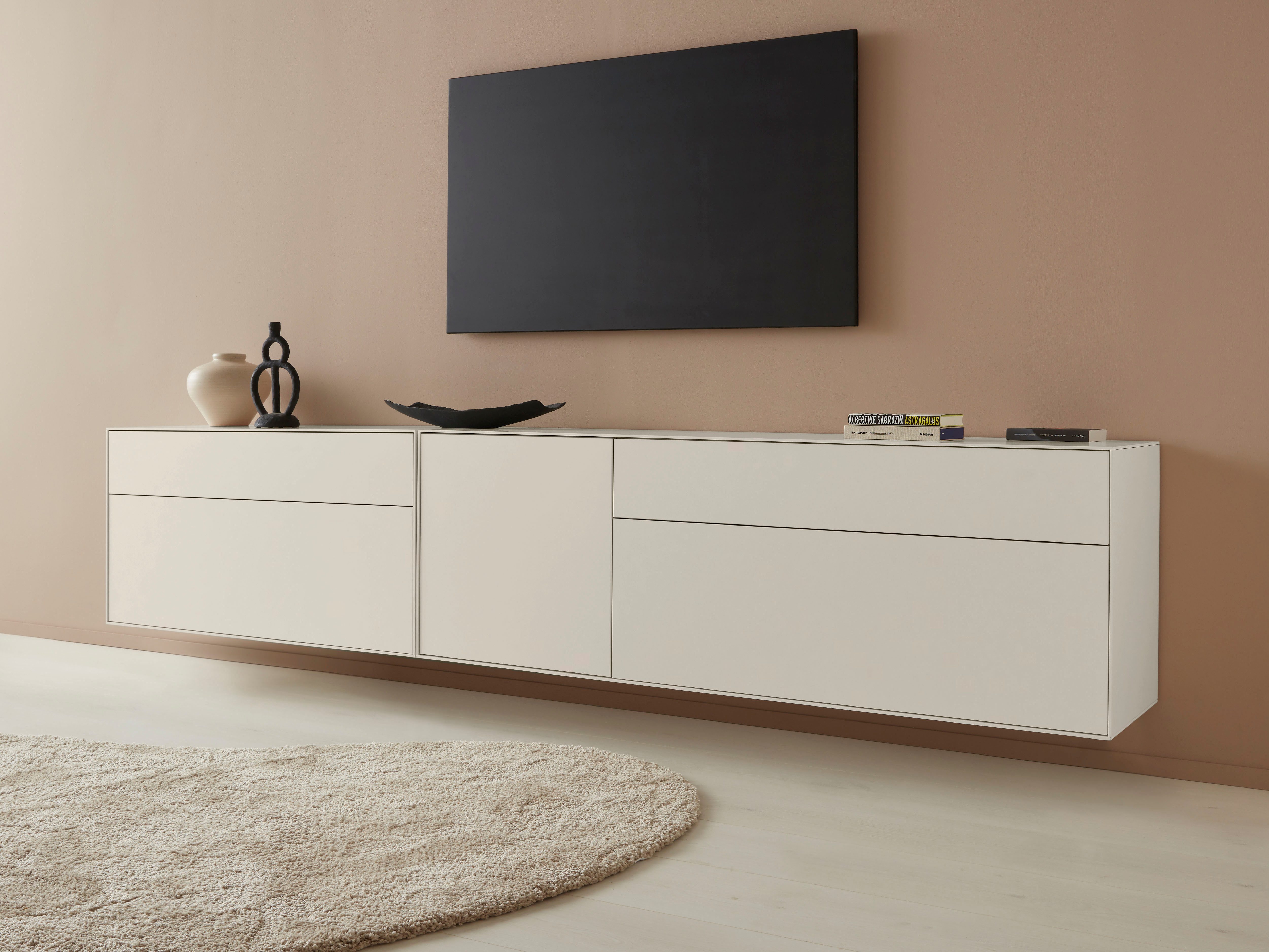 LeGer Home by Lena Gercke Tv-meubel Essentials Breedte: 279 cm, MDF gelakt, push-to-open-functie (2 stuks) lowboards grijs